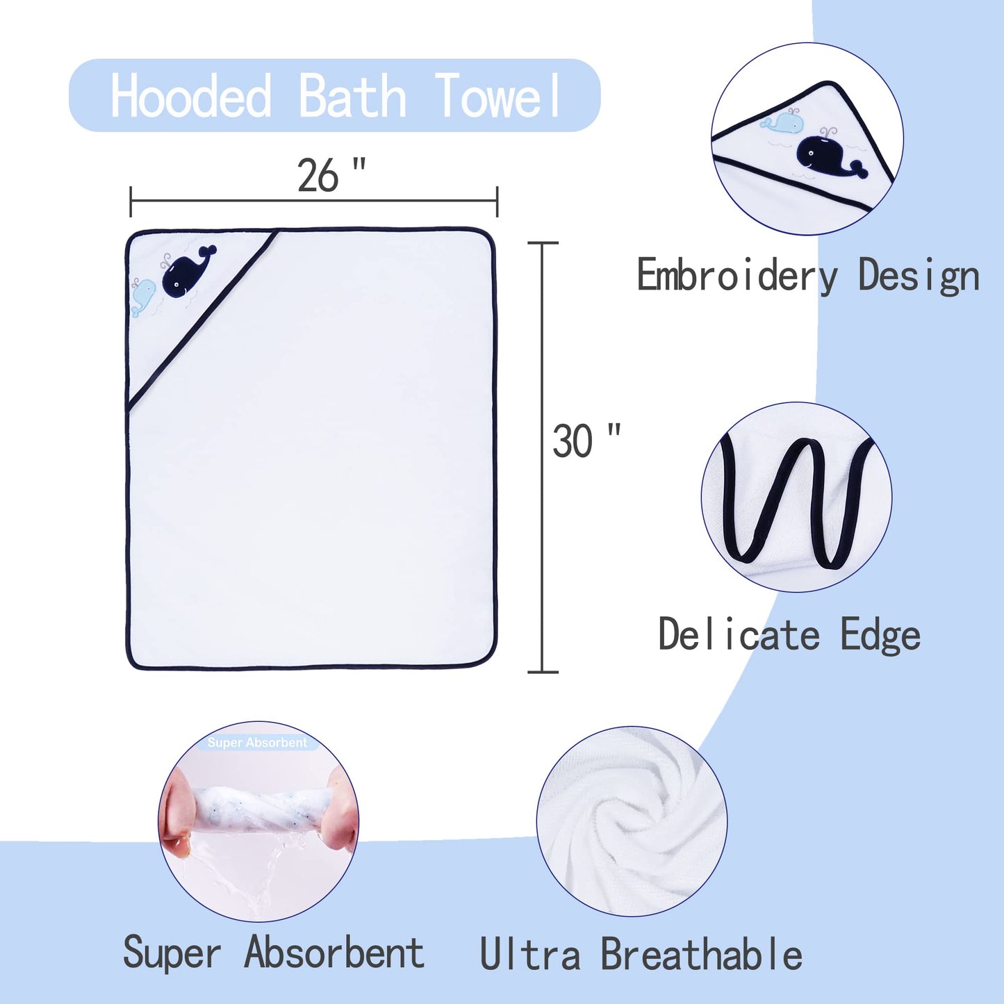 Viviland Baby Towels and Baby Wash Cloths Set Hooded Baby Towels Baby Wipes Absorbent Bath Face Towels Burp Cloths or Face Towels for Girl Boy 6-Pack Size 28 x 28 Inch(Elephant Flower)