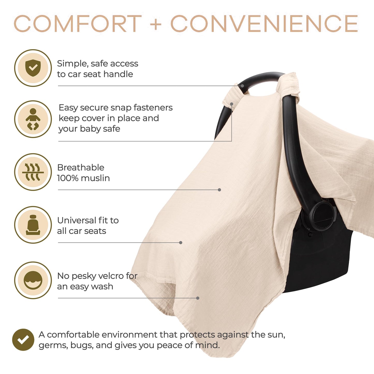Comfy Cubs Baby Car Seat Cover - Soft, Breathable Bamboo Rayon and Muslin Cotton Blend - Lightweight Canopy for Sun, Bug, and Comfort Protection - Large Size Infant Seat Cover in Sage Design