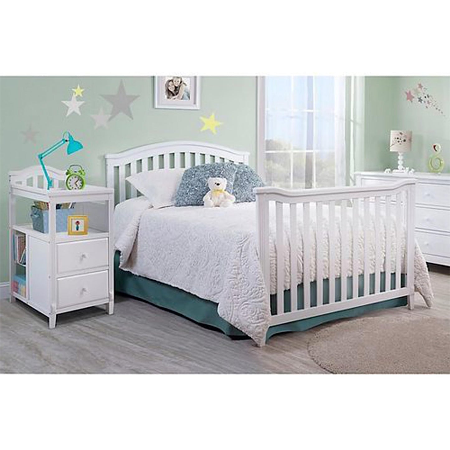SORELLE FURNITURE Berkley Crib and Changer with Slat Panel Back Classic -in- Convertible Diaper Changing Table Non-Toxic Finish Wooden Baby Bed Toddler Childs Daybed Full-Size Nursery - White