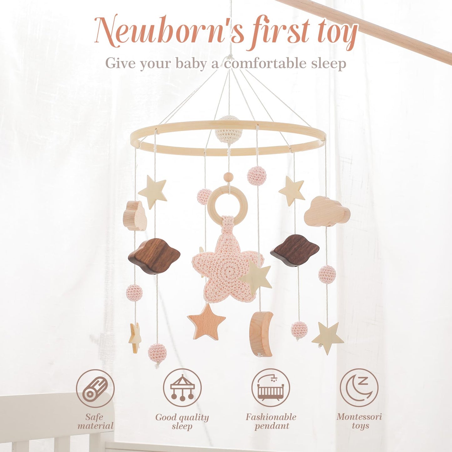 Baby Crib Mobile for Boys Girls| Boho Nursery Mobile| Gender Neutral Hand-Crocheted Mobile| Ceiling Mobile - Stars, Clouds, Moon