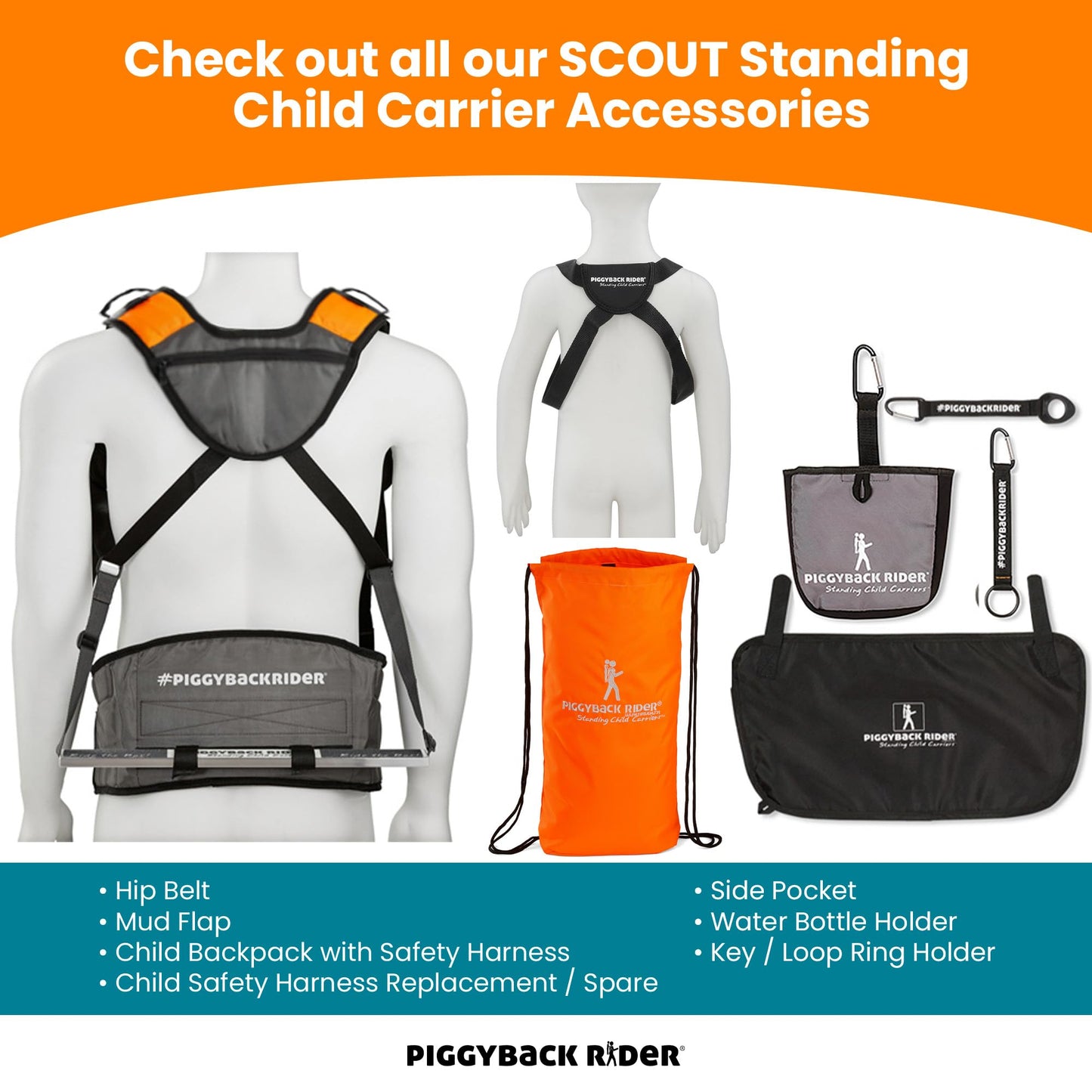 Piggyback SCOUT Toddler Carrier Backpack Deluxe - 6 Piece Set: Hip Belt, Carry Bag, Side Pocket, Mud Flap, Water Bottle & Selfie Stick Holders - For Ages 2-4 (Under 50 lbs) - Hiking & Travel