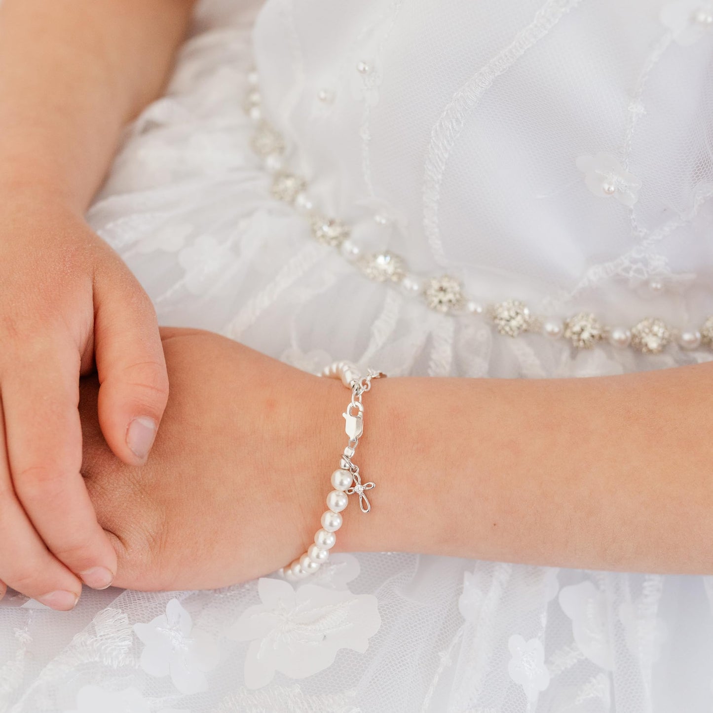 Children's 14K Gold Plated or Sterling Silver Cross Bracelet with Simulated Pearls for Girls First Communion, Baptism, Christening or Dedication Gift
