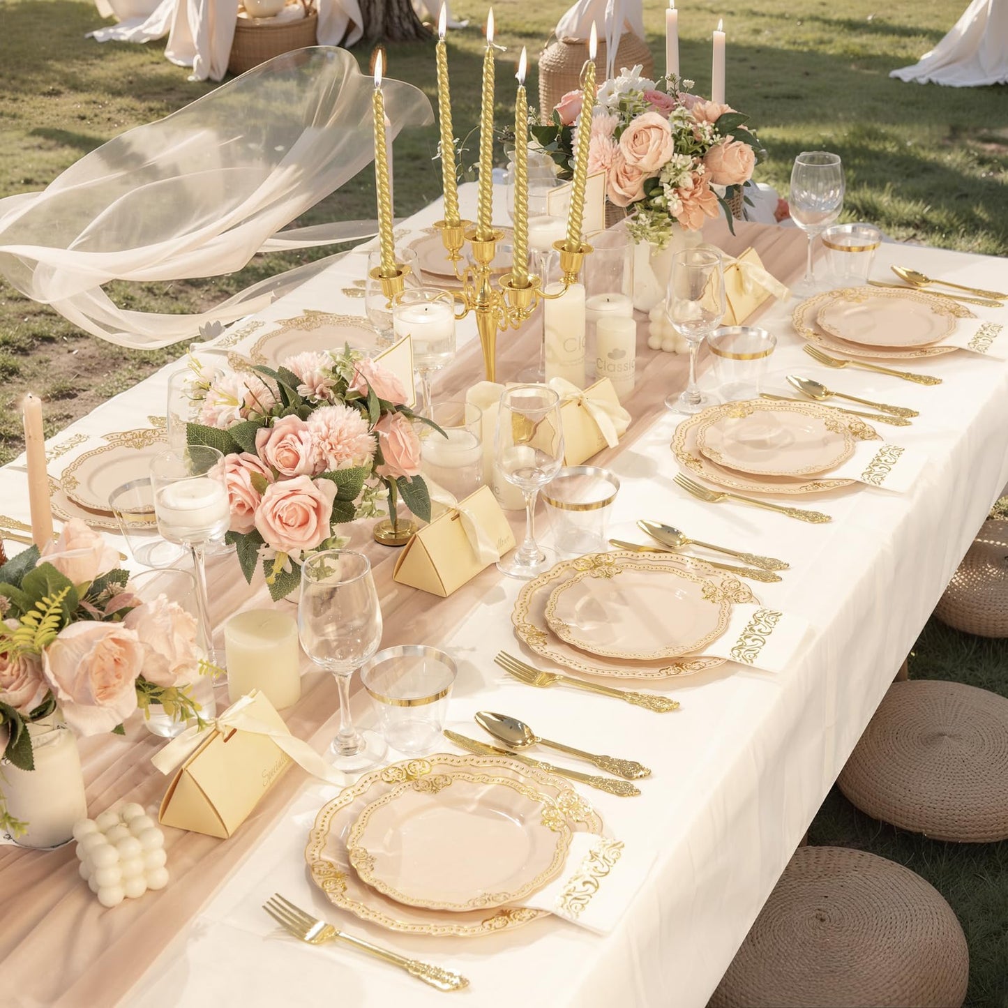 Ciaell 175 PCS White and Gold Plastic Plates - Fancy Gold Disposable Dinnerware Set with of 25 Dinner Plates, 25 Salad Plates, 25 Knives, 25 Forks, 25 Spoons, 25 Cups, 25 Napkins for Weddings Party