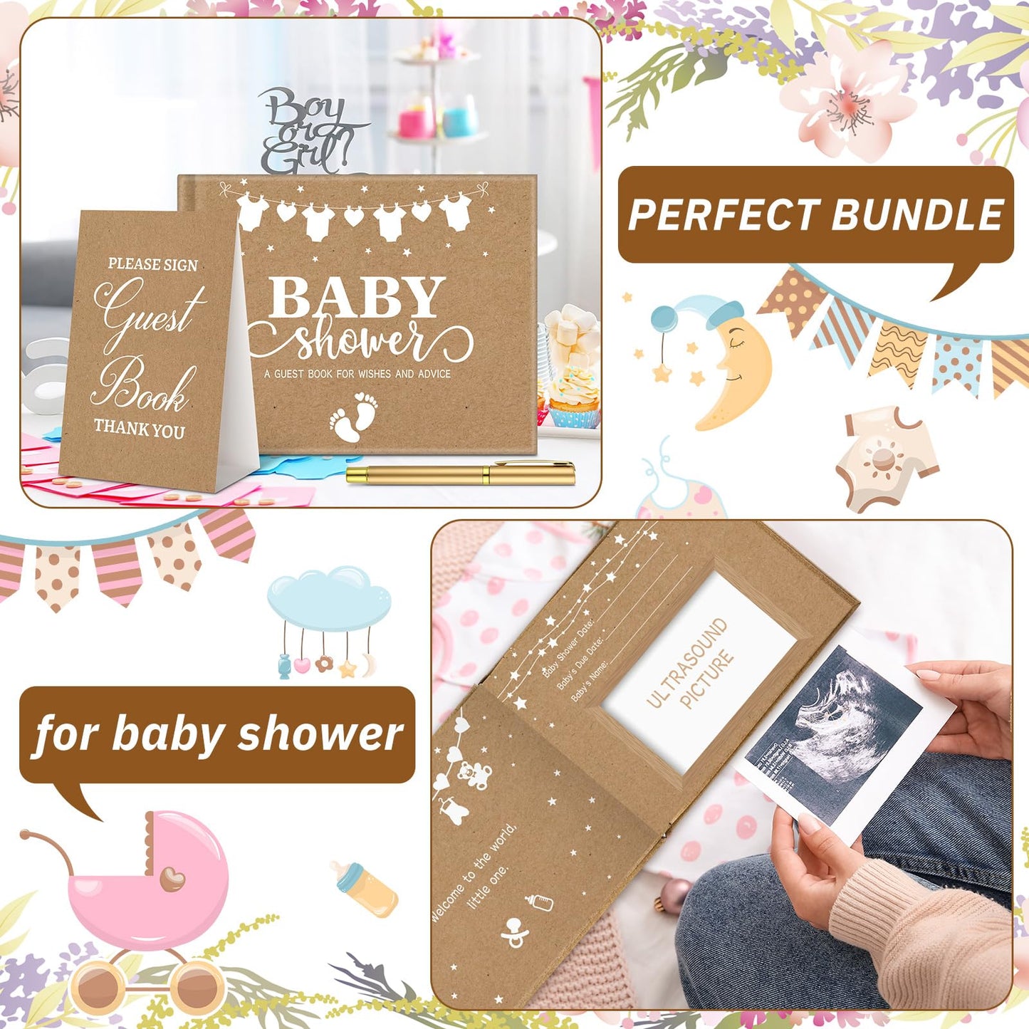 27 Pcs Butterfly Floral Baby Shower Guest Book Set Baby Shower Sign in Guest Floral Book Place Table Cards with Gold Pen Adhesive Photo Corner for Birthday Party