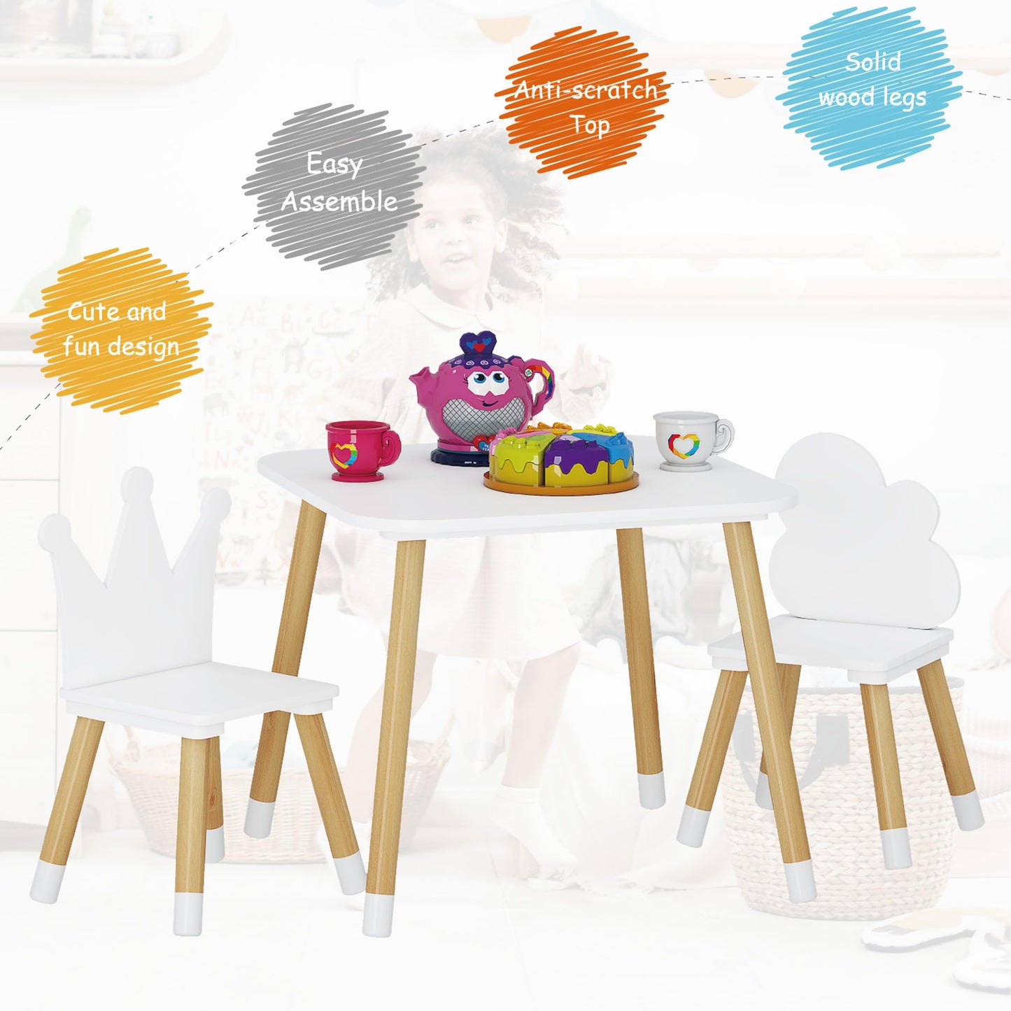 UTEX Kids Wood Table and Chair Set, Kids Play Table with 2 Chairs,3 Pieces Kids Round Table for Toddlers, Girls, Boys,White