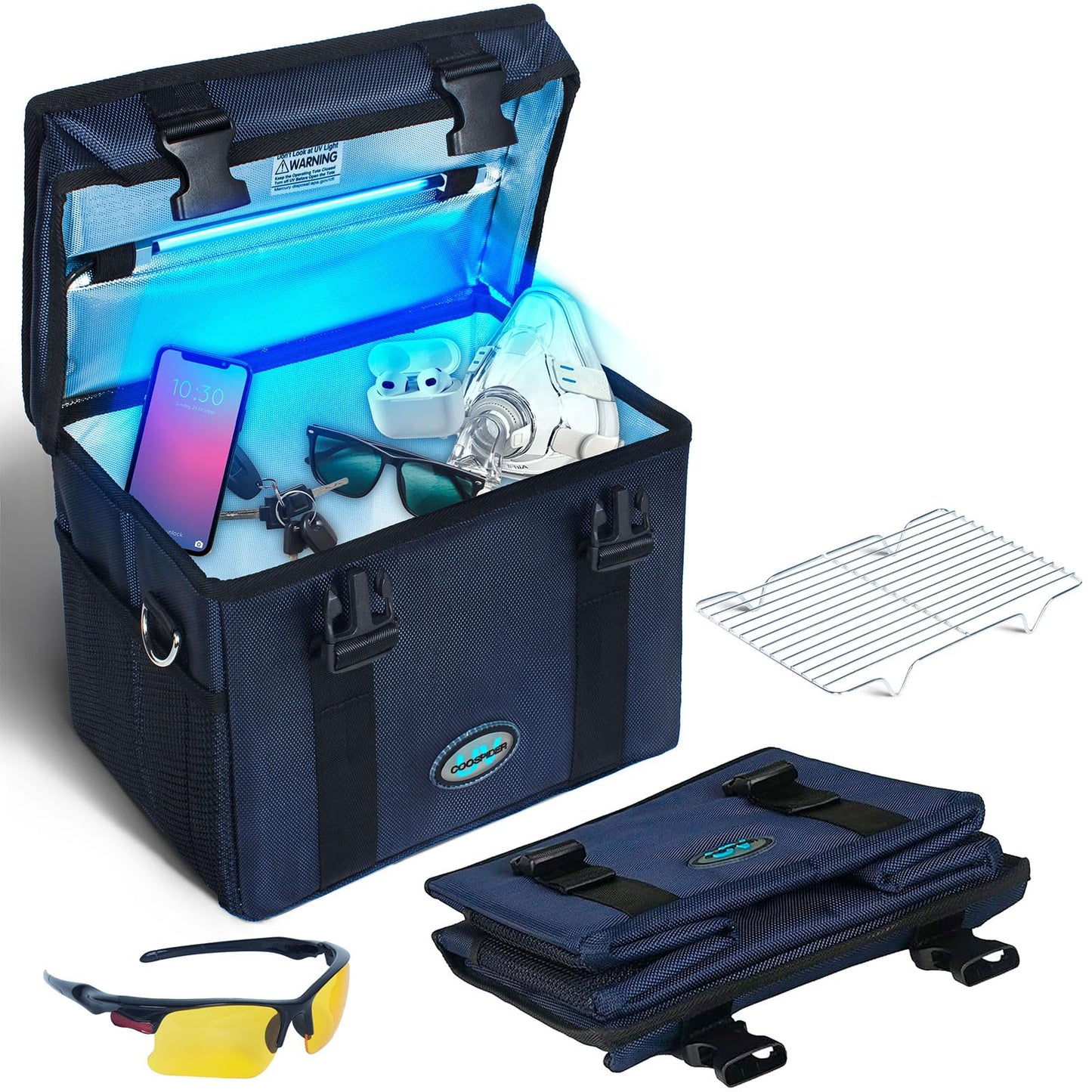 UV Light Sanitizer Box, Portable Foldable Cleaner and Sanitizing Machine with 3-level Timer, UV Cleaner Bag for Toys, Key, Towel, Mask Cleaning Machine USB & Wall Plug-in Charging Blue 12L Ozone-Free