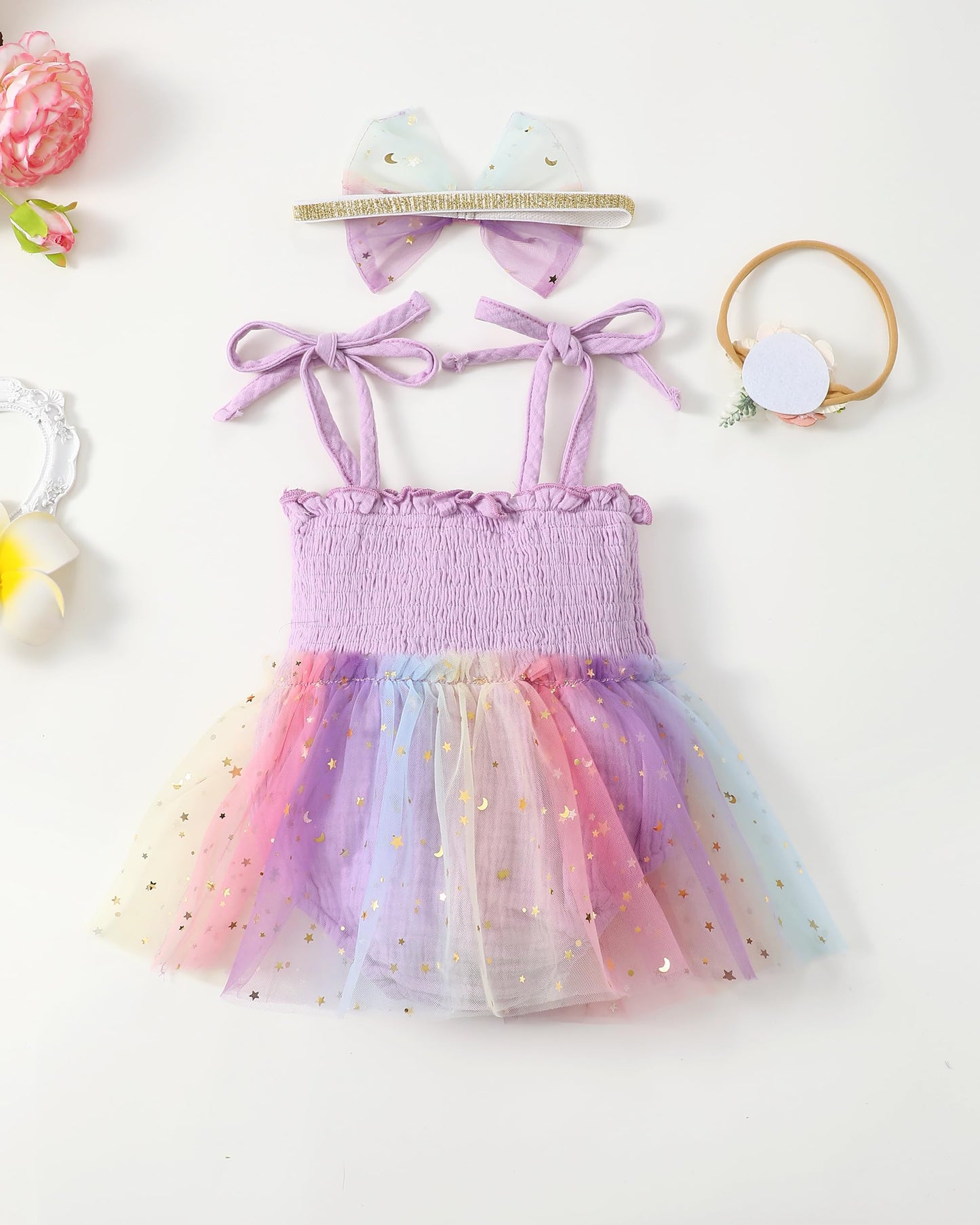 Renotemy Baby Girl Tulle Dress Sleeveless Romper Smocked Halter 1st Birthday Clothes Cake Smash Outfits with Flower Headband