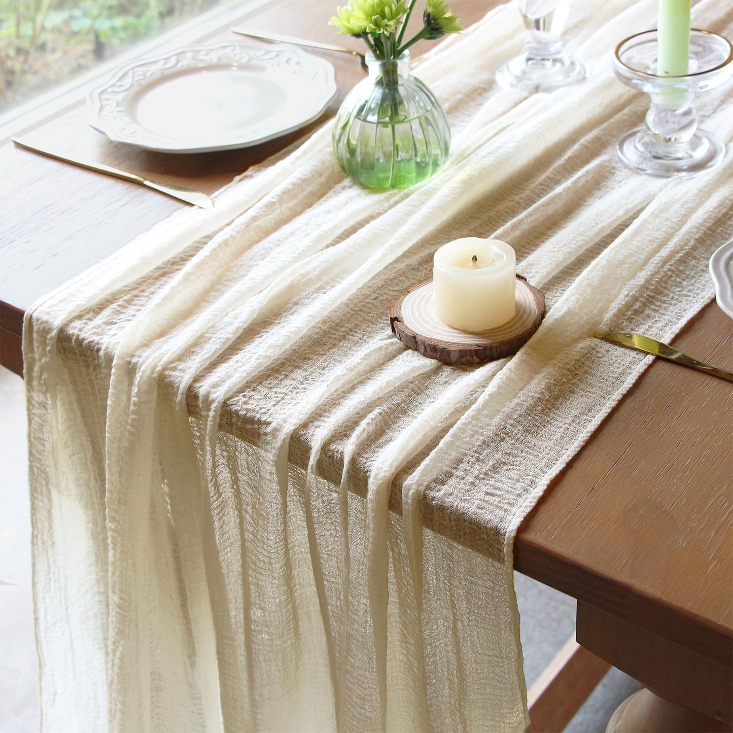 FEXIA Beige Cheesecloth Table Runner 35x120 Inches Ivory Gauze Rustic Boho Spring Easter Table Runner for Engagement Party Decorations Bridal Shower Wedding Party First Communion Centerpiece