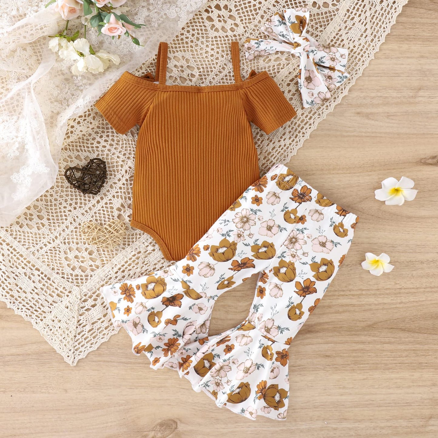 Fernvia Infant Baby Girl Clothes Suspenders Short Sleeve Ribbed Romper Flared Pants Set Headband 3pcs Summer Outfit