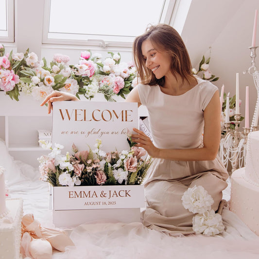 Personalized Event Welcome Sign | Personalized Wedding Welcome Sign with Flower Box – Custom Wooden Sign for Wedding, Baby or Bridal Shower, Rustic Floral Welcome Decor | Wooden Wedding Welcome Sign
