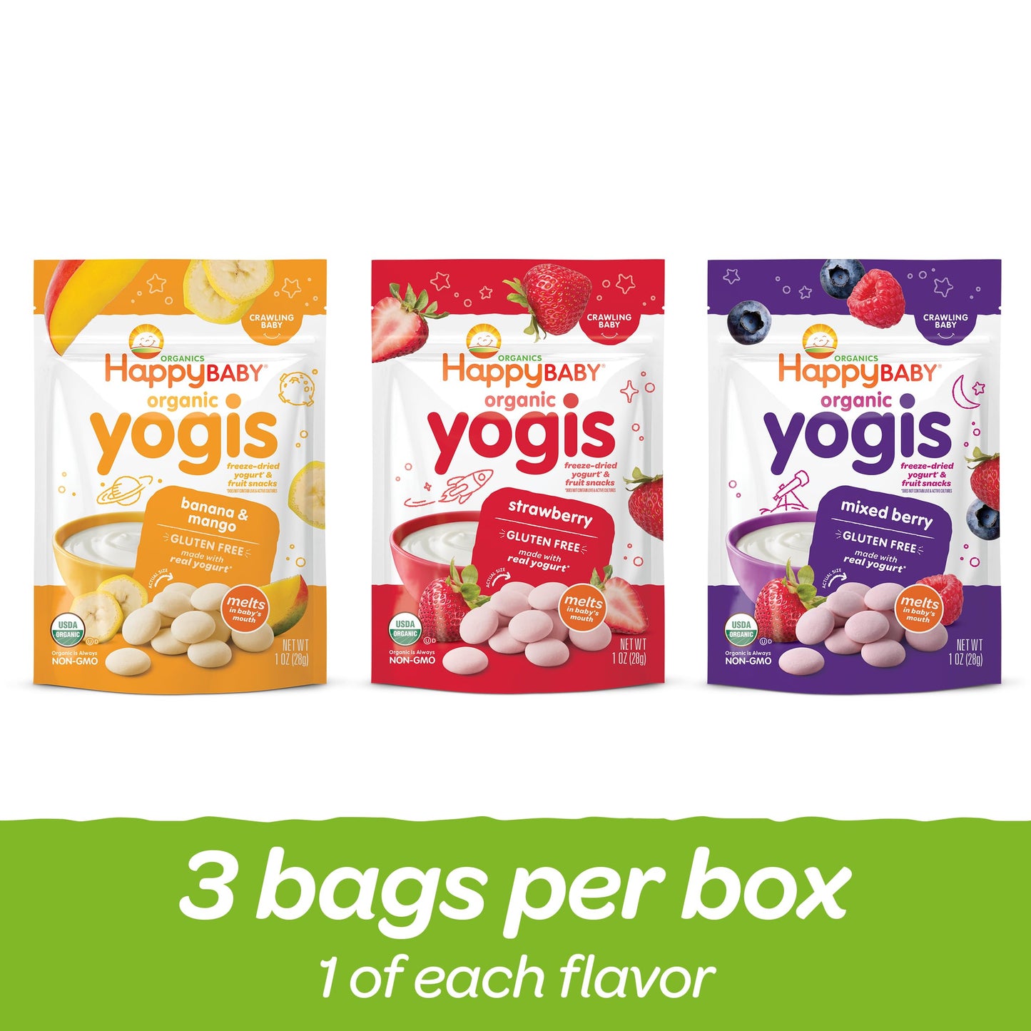 Happy Baby Organics Yogis Freeze-Dried Yogurt & Fruit Snacks, Variety Pack, 1 Ounce (Pack of 6)