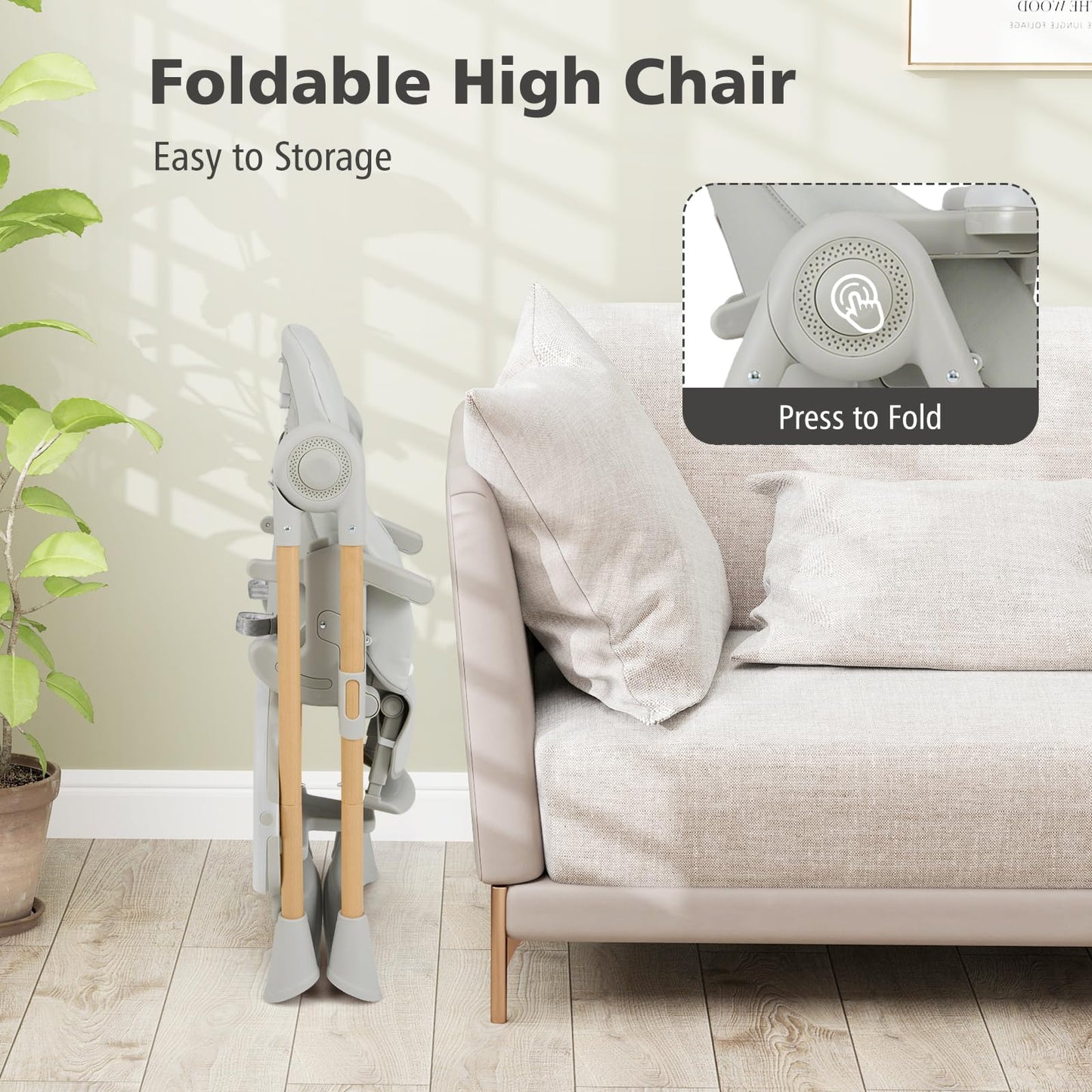 INFANS Baby High Chair, High Chairs for Babies & Toddlers with Adjustable Height Backrest Footrest Removable Tray, Easy to Clean PU Seat Convertible Quick Folding Portable Highchair (Dark Gray)