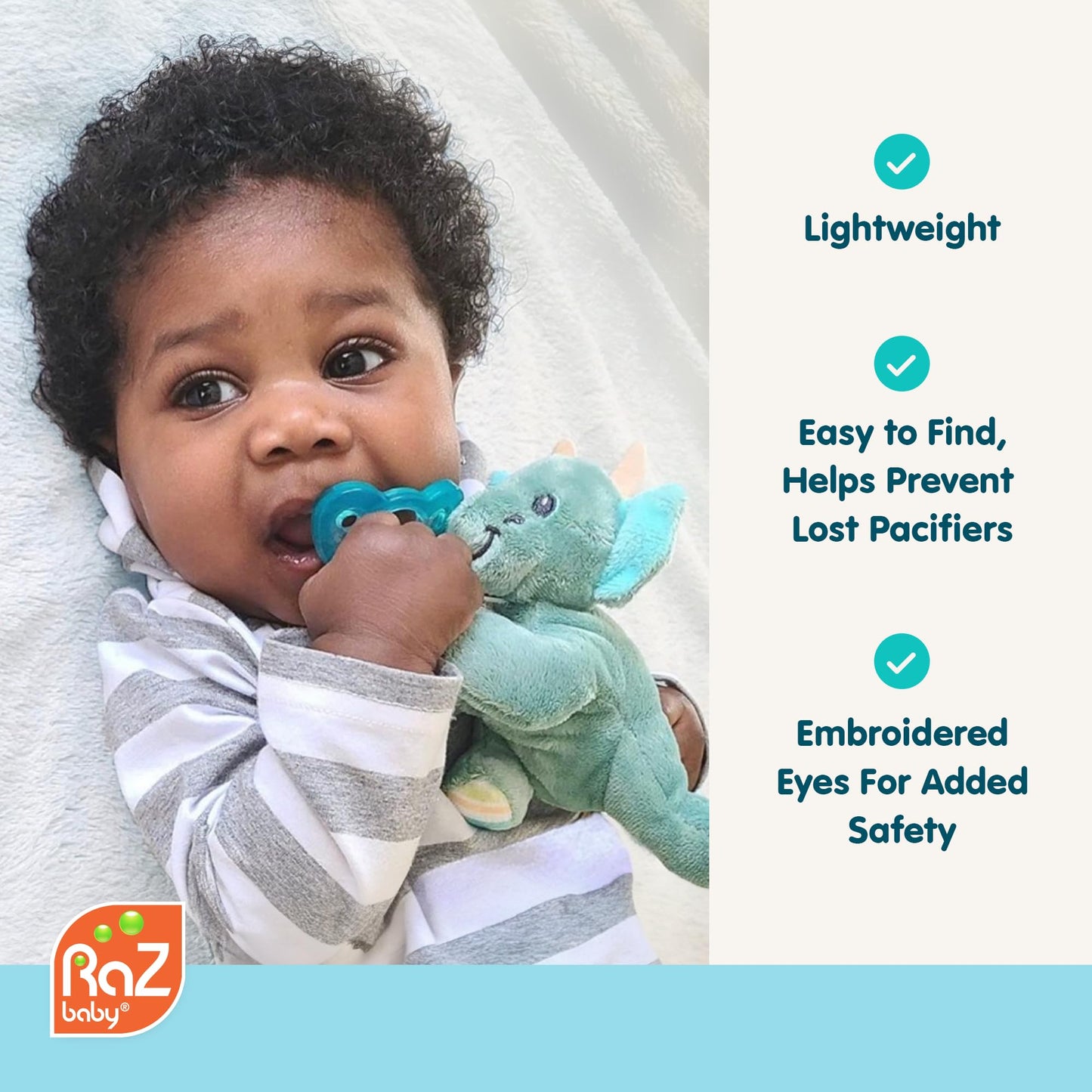 RaZbaby JollyPop Pacifier, Holder w/Detachable Baby Pacifier, Stuffed Animal RaZbuddy, All Ages 0M+, 100% Medical Grade USA Made Silicone, Machine Washable, Textured & Easy to Hold – Dragon