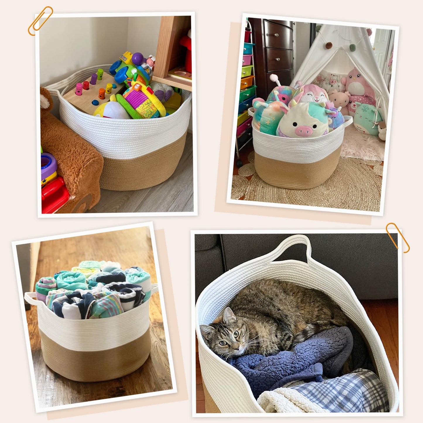INDRESSME XXXLarge Cotton Rope Basket 21.7" x 21.7" x 13.8" Woven Baby Laundry Blanket Basket Toy Baskets with Handle Storage Comforter Cushions Thread Laundry Hamper