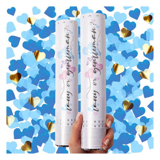 PrimePure Gender Reveal Confetti Cannon - Heart Shaped Confetti Poppers - Blue 2 Pack - Baby Boy Gender Reveal Party Poppers Party Cannons Shooter Blaster