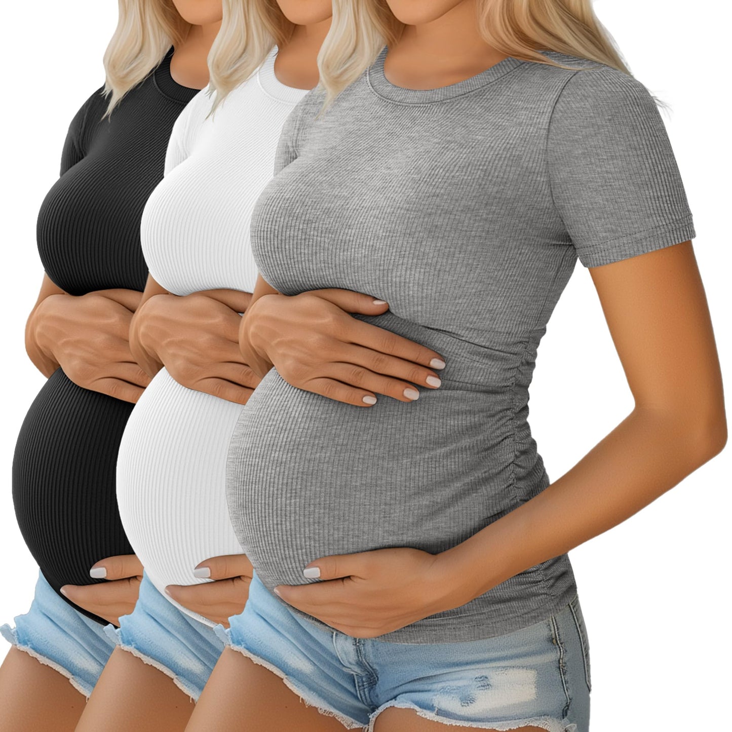 Ficerd 3 Pack Women's Maternity Shirts Cotton Short Sleeve Pregnancy Tops Side Ruched Ribbed Casual Mama tees Clothes
