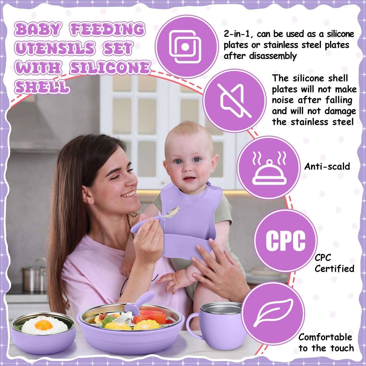 Nuogo 6 Pcs 304 Stainless Steel Kids Plates and Bowls Set Stainless Steel Suction Bowls and Toddler Cup with Removable Silicone, Forks Spoons Pocket Bib for Baby Toddle(Pink,Round)