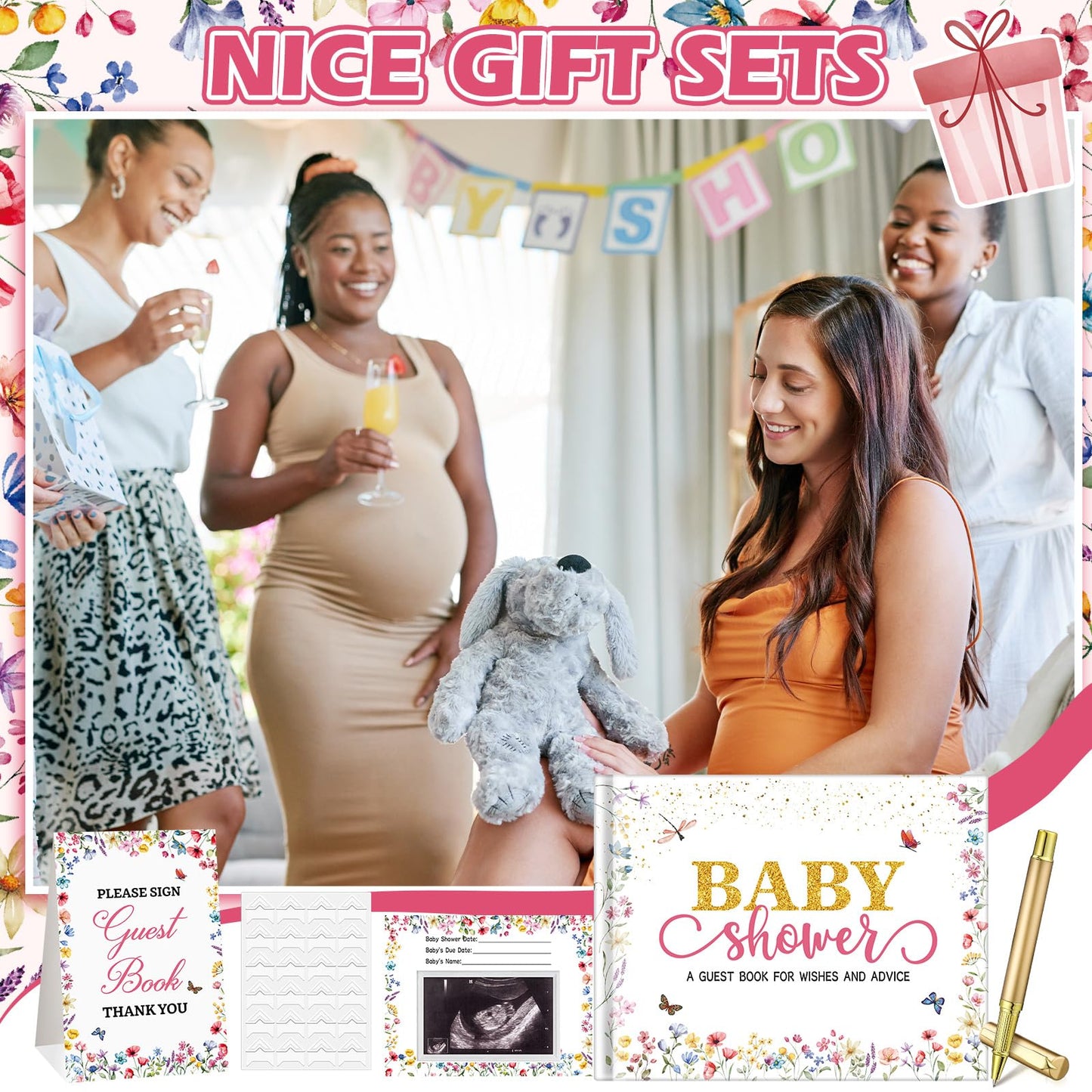 27 Pcs Butterfly Floral Baby Shower Guest Book Set Baby Shower Sign in Guest Floral Book Place Table Cards with Gold Pen Adhesive Photo Corner for Birthday Party