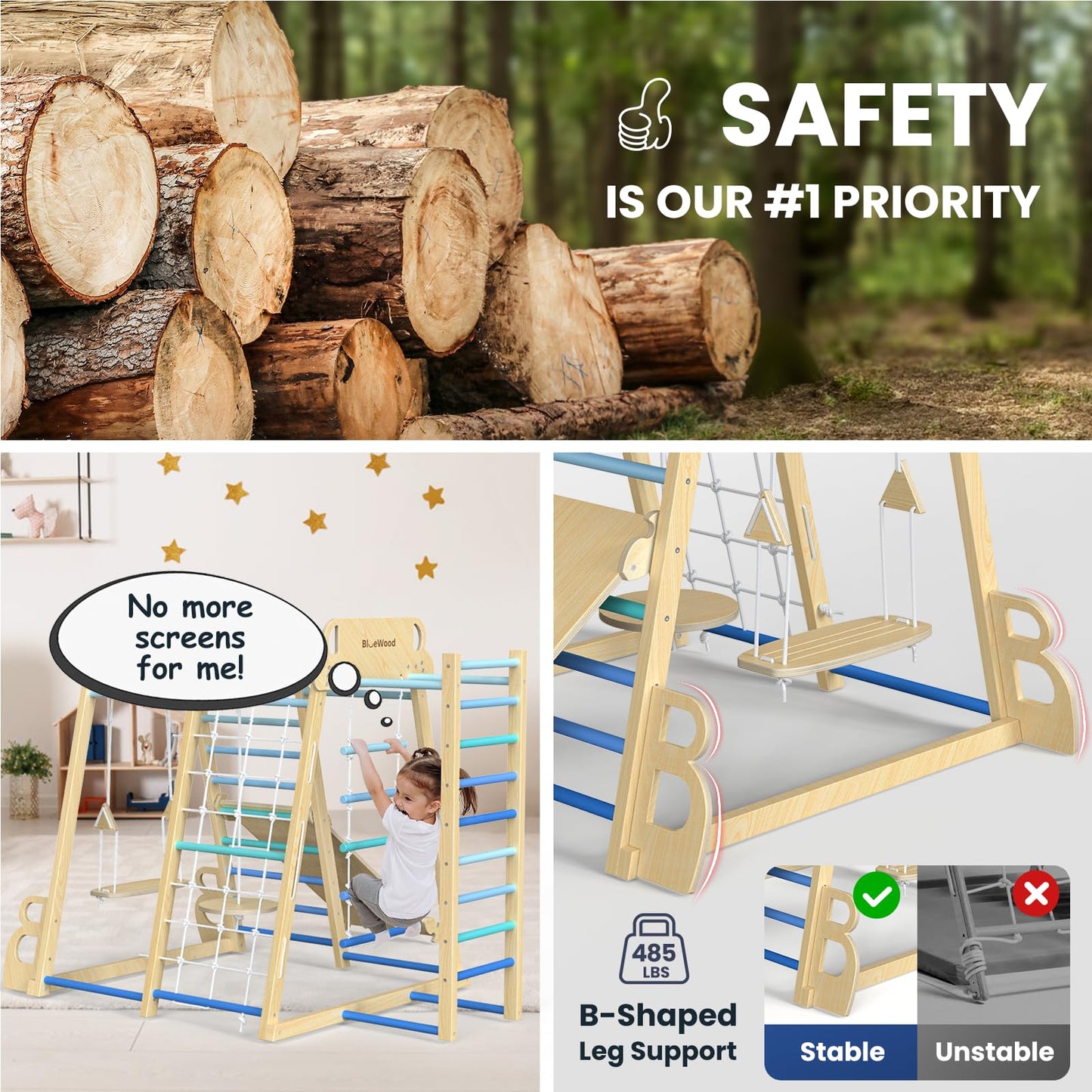 Upgraded Indoor Playground 9-in-1 Jungle Gym Kids Climbing Toys, Montessori Philosophy Waldorf Style Wooden Climber Playset with Slide, Swing, Monkey Bars, Upright/Rope Ladder, Climb Net, Rainbow