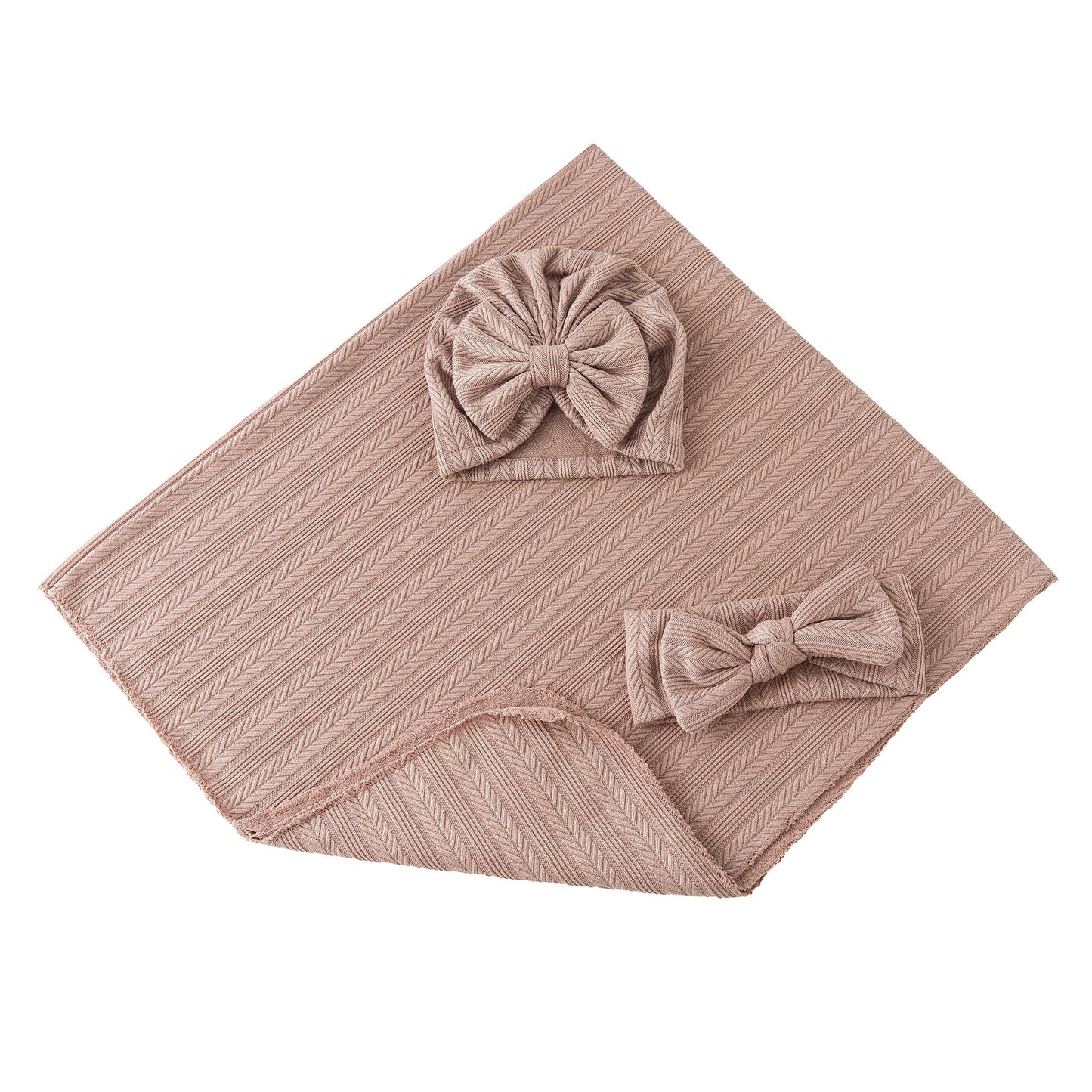 Jastore Baby Infant Swaddle Blankets for Girls 3PCS Newborn Accessories Set with Matching Hat and Bow Headband (Pale Pink, 33"*35")