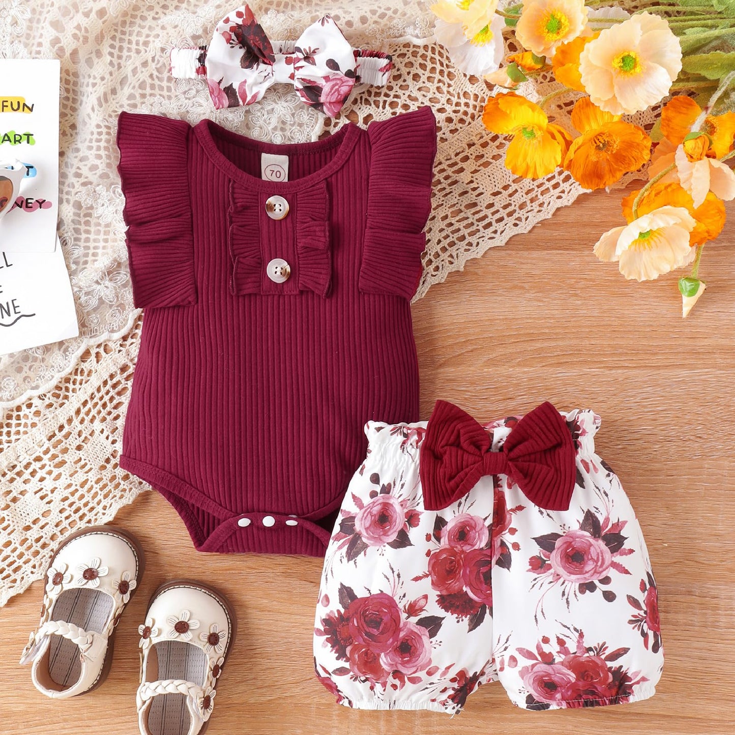 Newborn Baby Girl Clothes Outfits Ruffle Romper and Short Pant Sets with Headband Infant Bodysuits