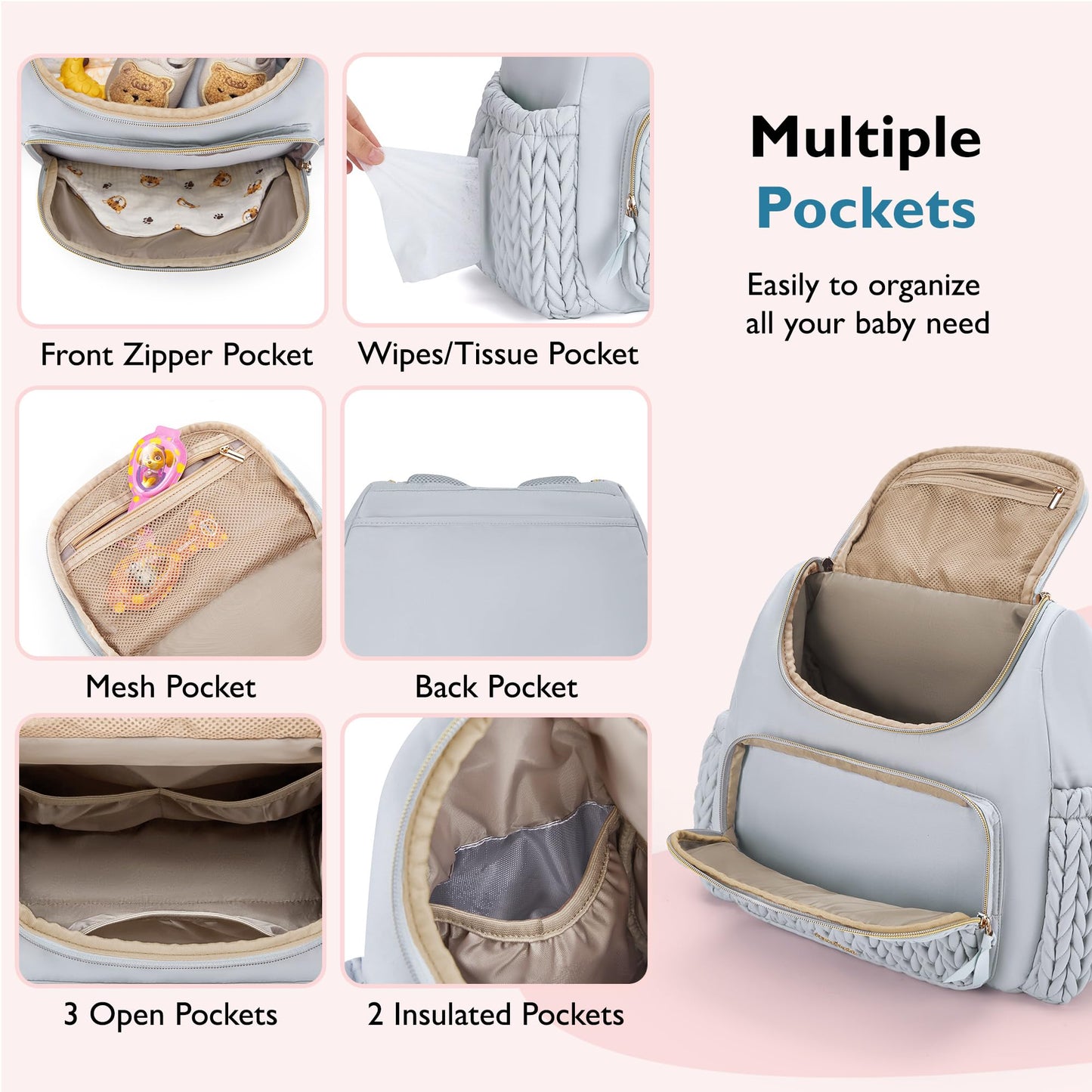 mommore Diaper Bag Small Diaper Backpack Stylish Baby Travel Backpacks with Insulated Pockets, Changing Pad, Stroller Straps