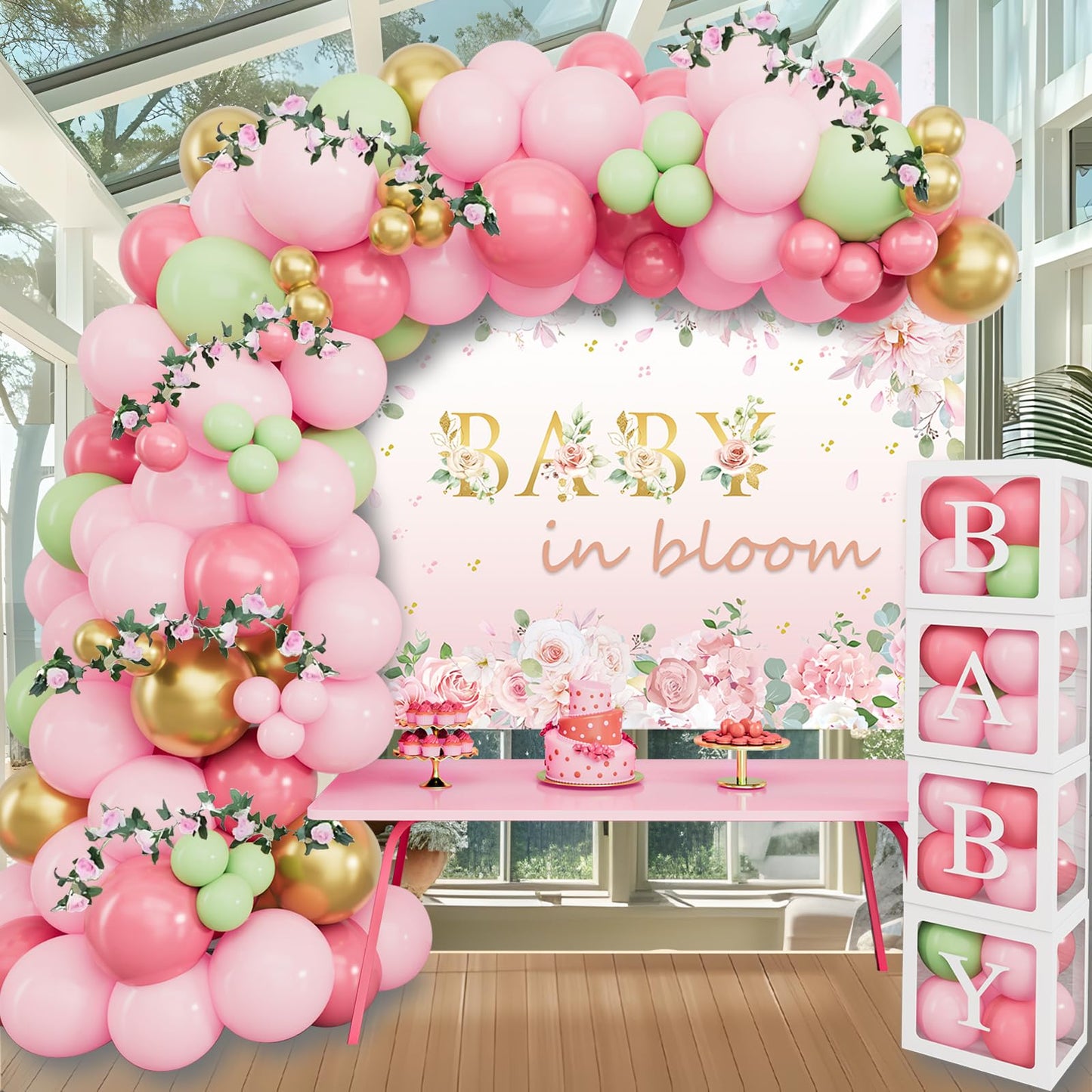 Baby in Bloom Baby Shower Decorations - 116pcs Pink and Sage Green Balloon Arch Kit, BABY in Bloom Backdrop and Baby Boxes with Letters for Pink Floral Baby Shower Decorations for Girl