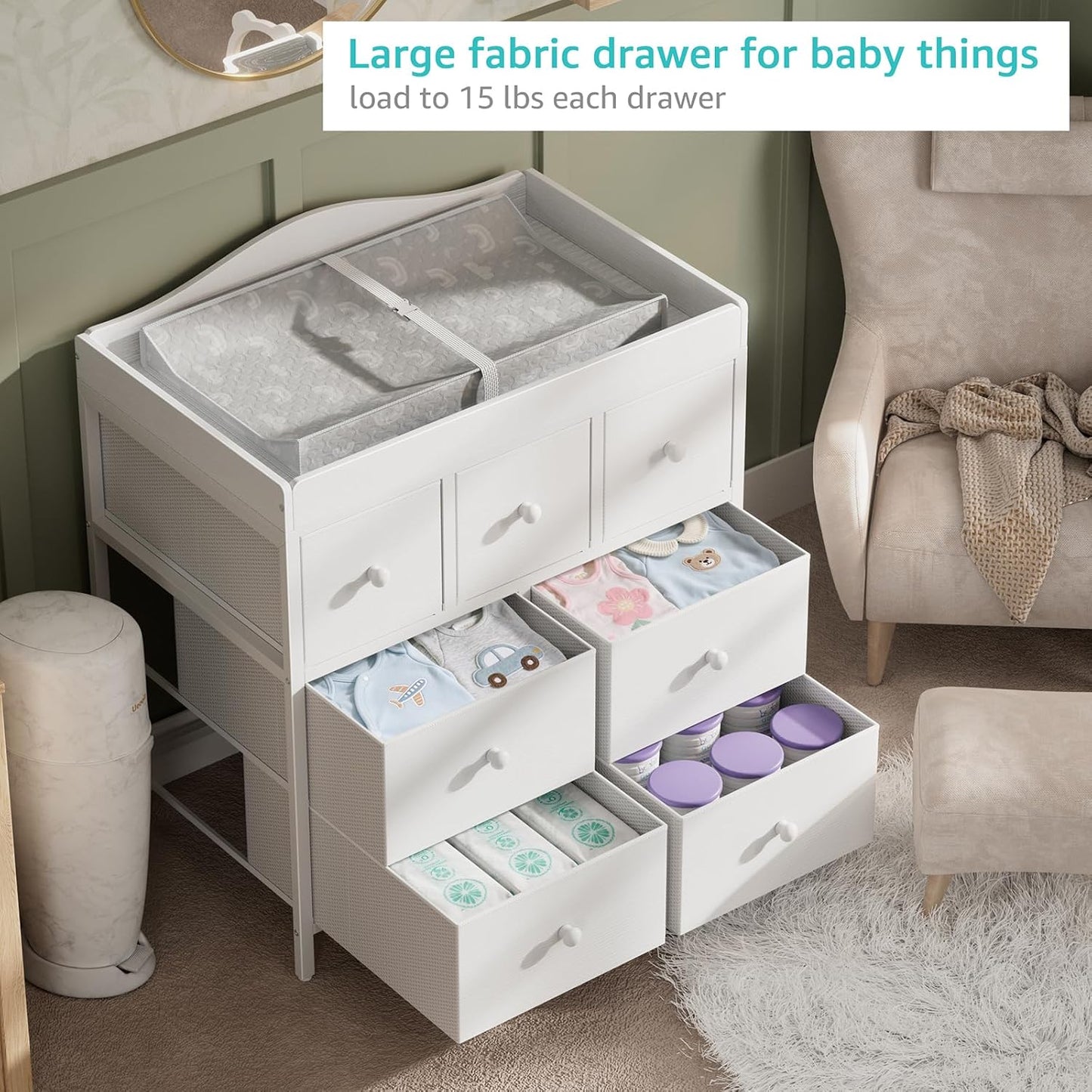 BOLUO Changing Table Dresser with 7 Fabric Drawers, Baby Dresser with Changing Table Top Diaper Changing Station with Storage for Nursery Modern