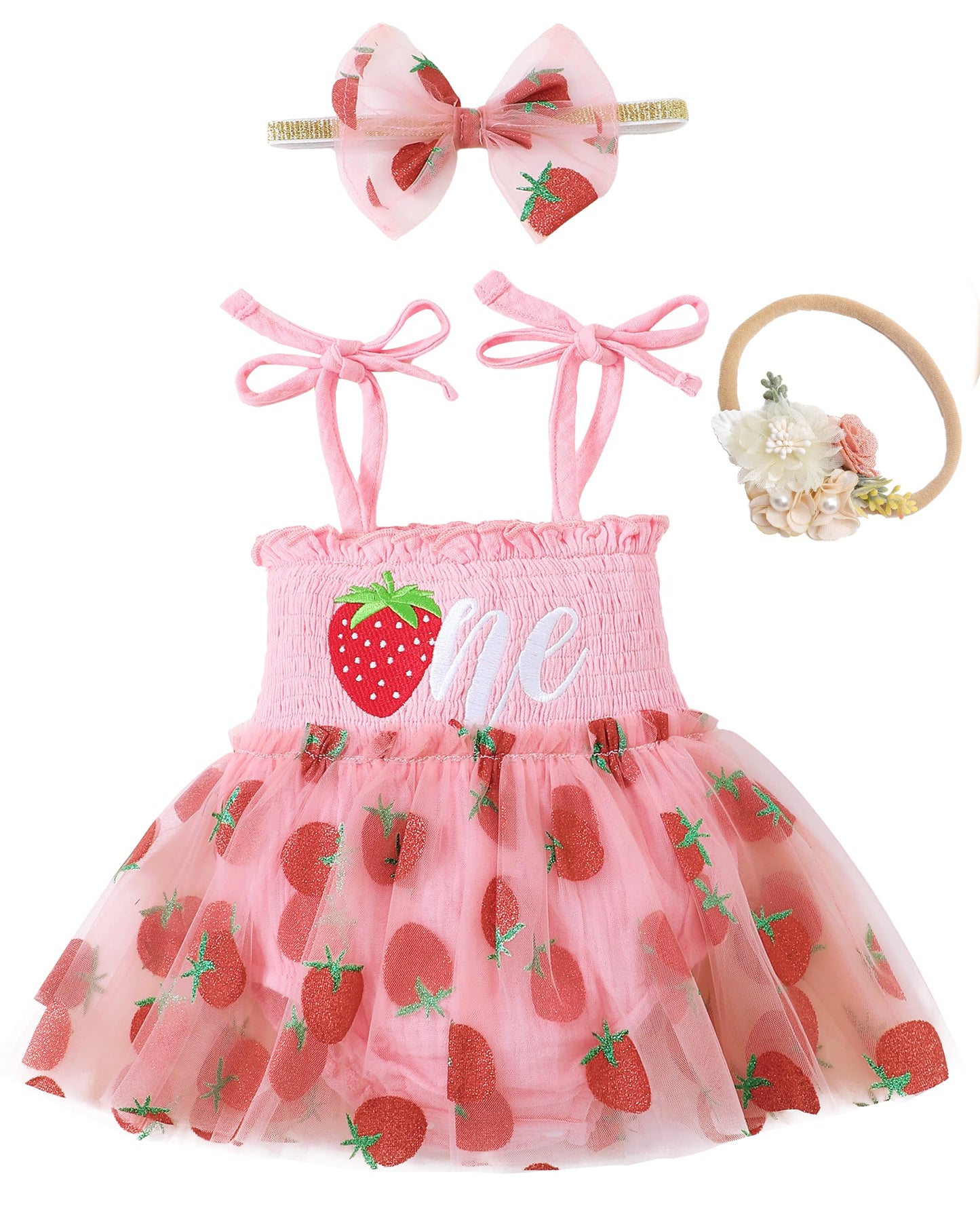 Renotemy Baby Girl Tulle Dress Sleeveless Romper Smocked Halter 1st Birthday Clothes Cake Smash Outfits with Flower Headband