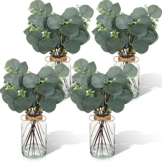 4 Pack Artificial Eucalyptus Stems in Glass Vase 15 Inch Fake Plants Eucalyptus Potted Fake Plant with Double-Sided Green Leaves for Desk,Farmhouse,Wedding,Home,Office Decor(Classical)