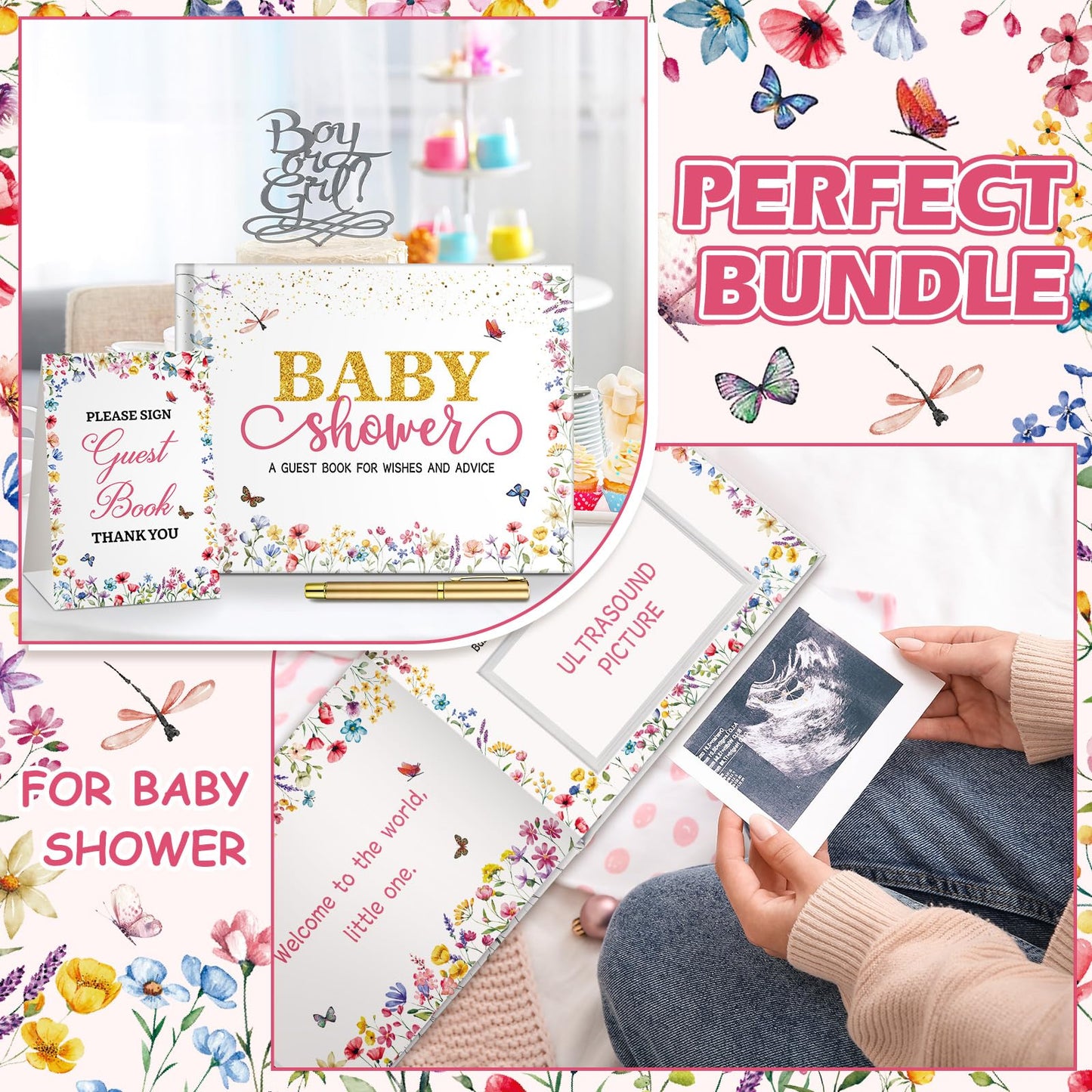 27 Pcs Butterfly Floral Baby Shower Guest Book Set Baby Shower Sign in Guest Floral Book Place Table Cards with Gold Pen Adhesive Photo Corner for Birthday Party