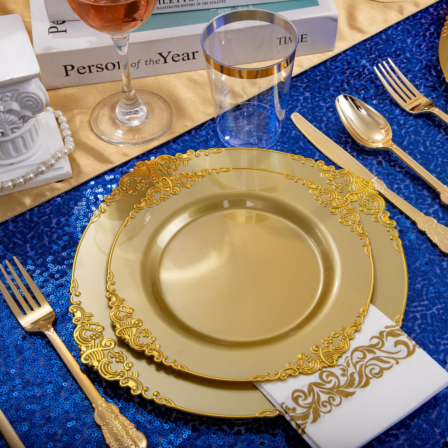 Morejoy 175PCS Rose Gold & Silver Plastic Dinnerware Set: 25 Plates, 25 Forks, 25 Knives, 25 Spoons, 25 Cups, 25 Napkins - Perfect for Wedding & Party