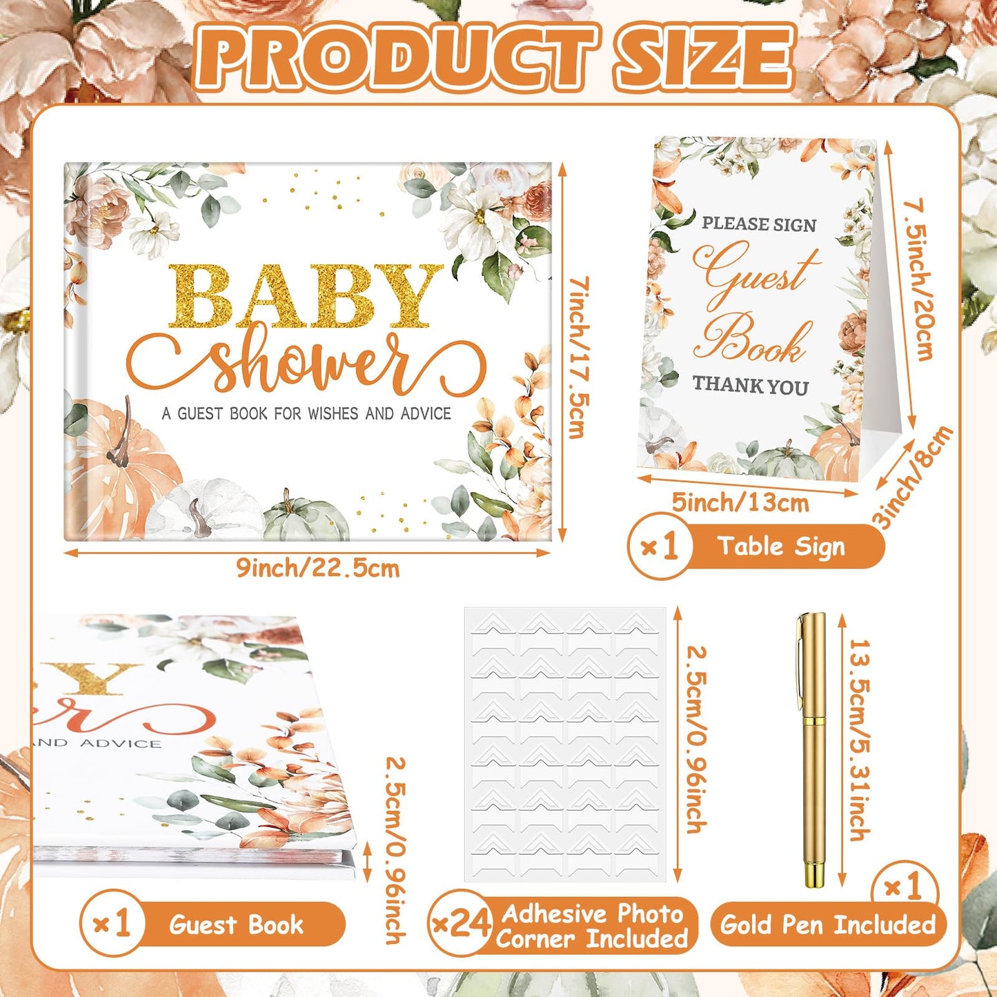 27 Pcs Butterfly Floral Baby Shower Guest Book Set Baby Shower Sign in Guest Floral Book Place Table Cards with Gold Pen Adhesive Photo Corner for Birthday Party