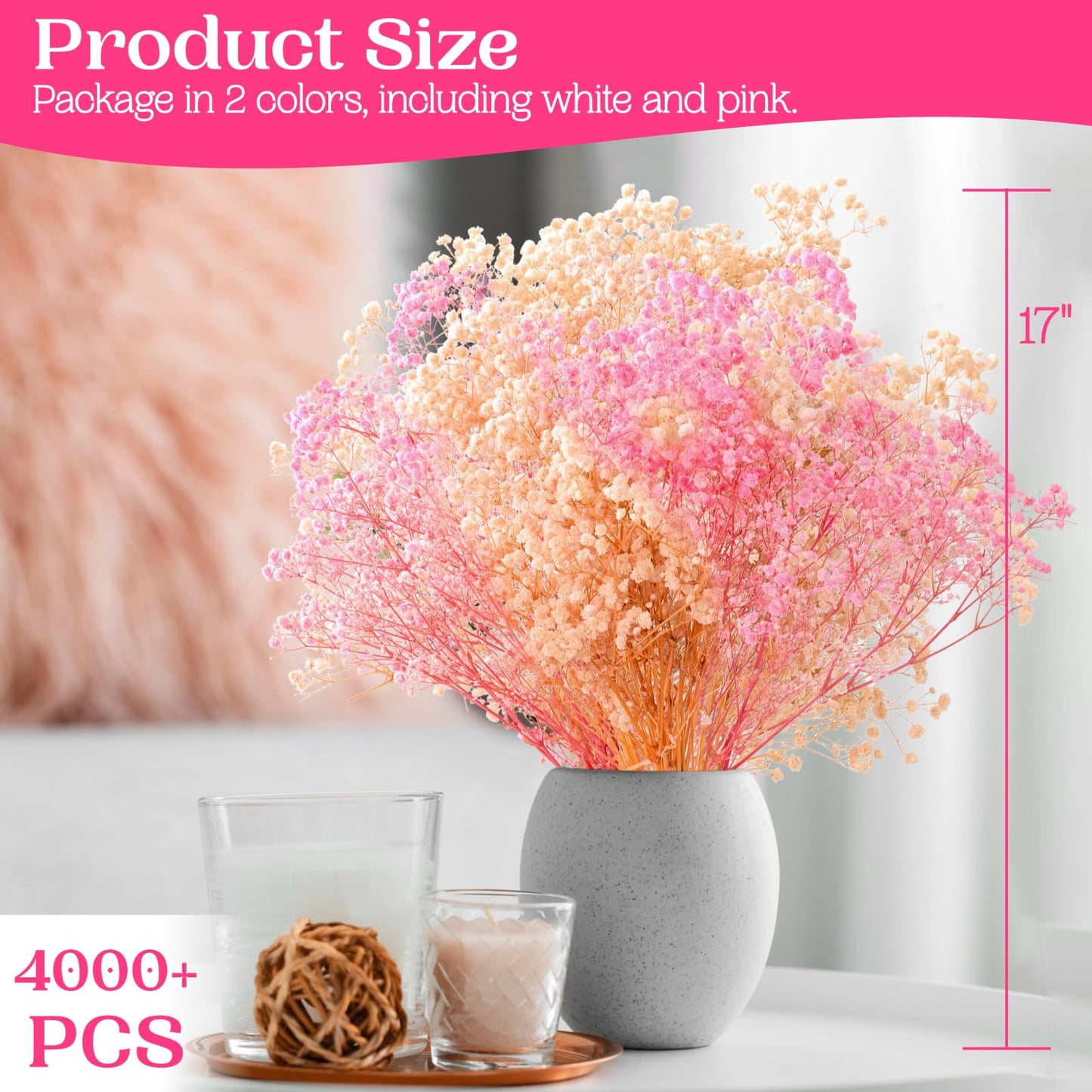 3500+ Dried Babys Breath Flowers Pink & White-17'' Baby's Breath Bulk Bouquet, Real Natural Dried Gypsophila Flowers for Resin, Home Vase Decor, Card DIY, Party, Wedding Flower Wreaths