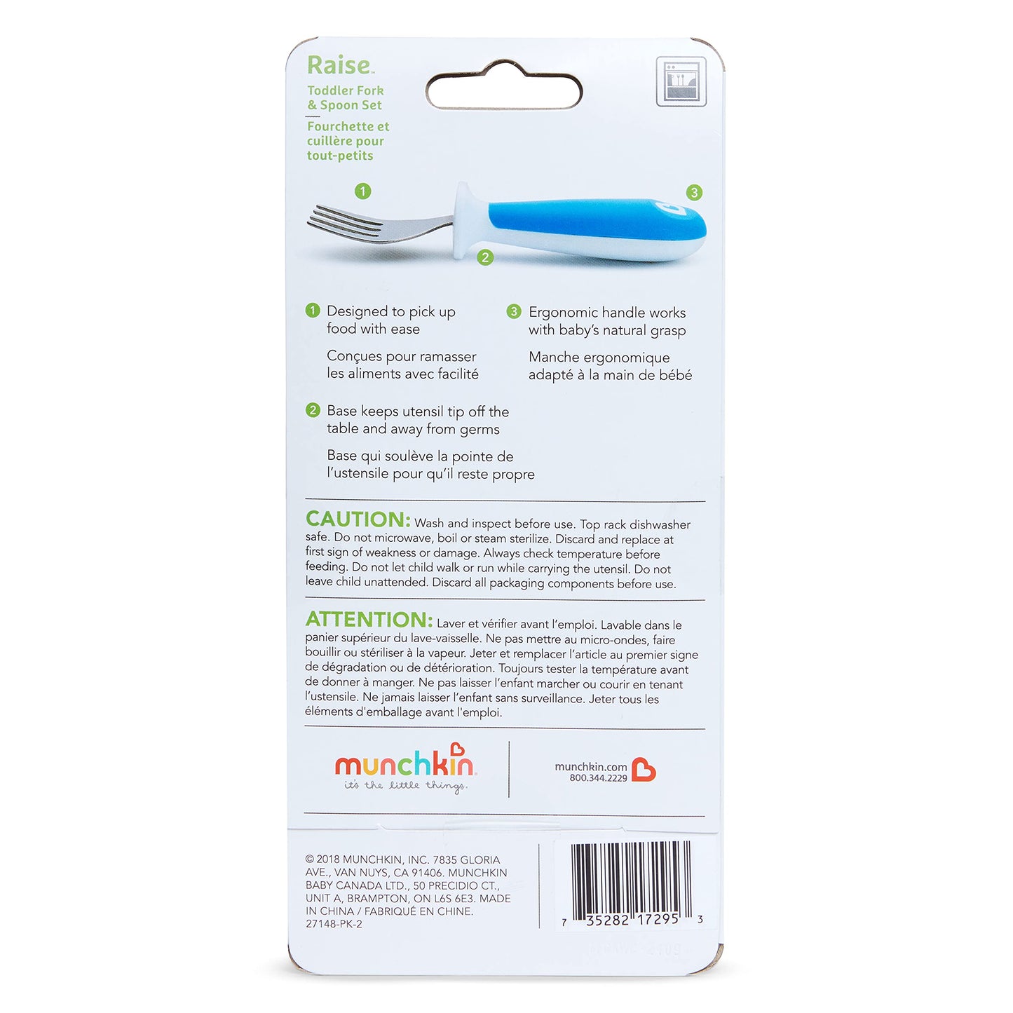 Munchkin® Raise™ Toddler Fork and Spoon Utensil Set, Rest Keeps Tip Off Table, BPA Free, 4 Pack, Blue/Green