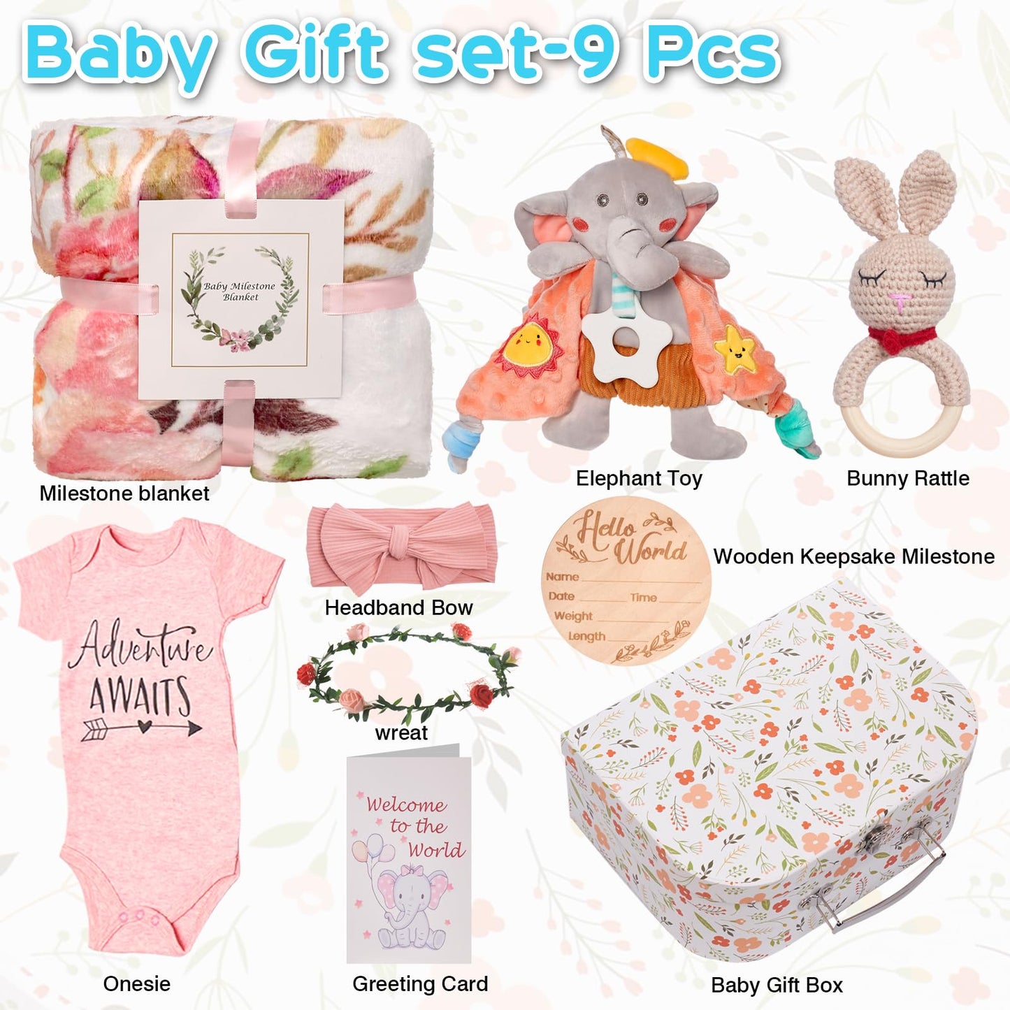 Baby Girl Gifts,Baby Shower Gifts for Girls,New Born Baby Girls Gift Sets,Welcome Baby Girl Gift Basket,Baby Milestone Blanket,Unique Baby Gift Essentials,Gender Reveal Gifts, Rattle Lovey Blanket