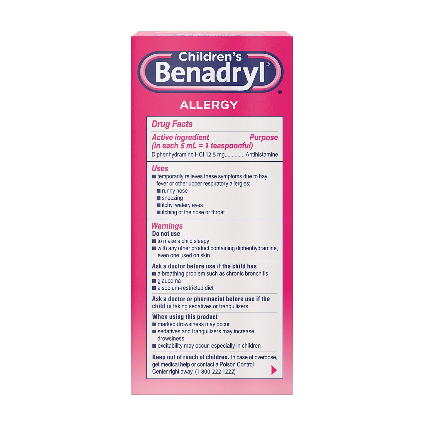 Benadryl Children's Dye-Free Allergy Relief Liquid + 12.5 mg Diphenhydramine HCl, Antihistamine Allergy Medicine for Kids Helps Relieve Runny Nose & Sneezing, Bubble Gum Flavor, 8 fl. oz