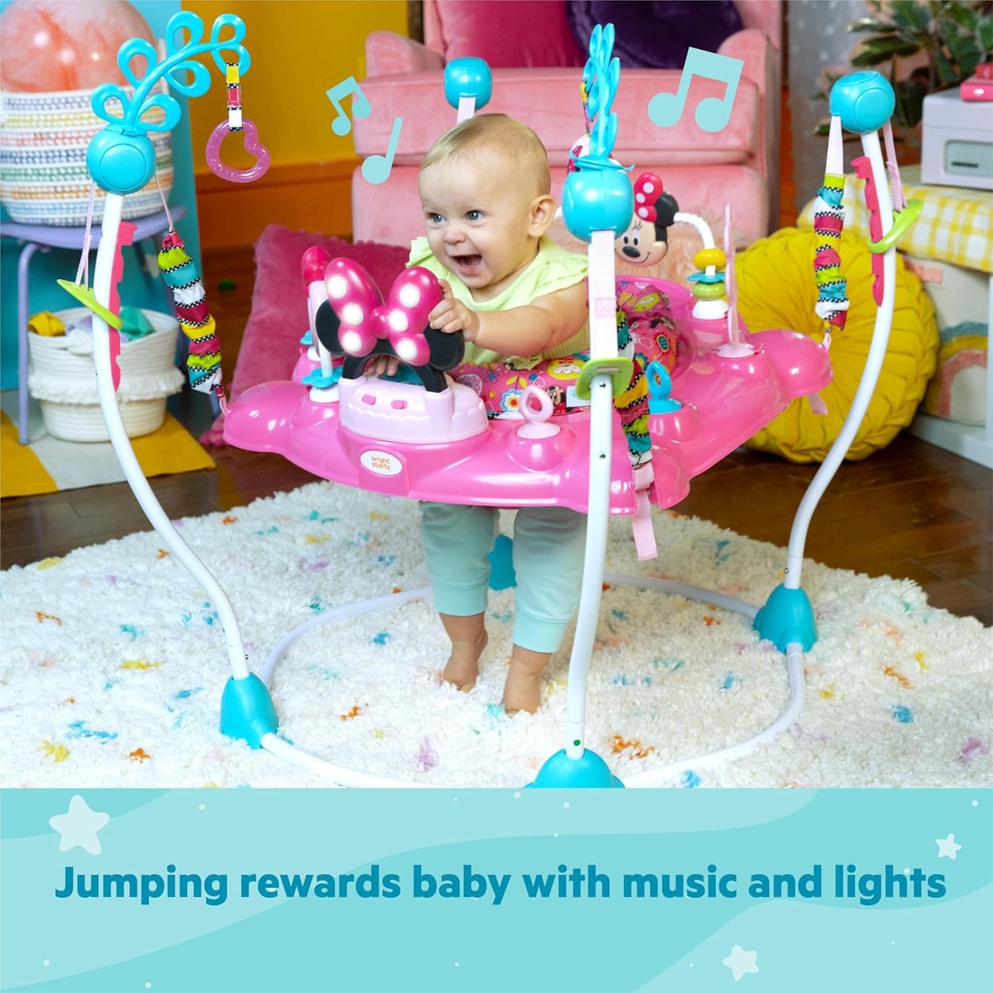 Bright Starts Disney Baby MINNIE MOUSE PeekABoo Baby Activity Center Jumper with 8 Toys, Lights & Sounds, 360-Degree Seat, 6-12 Months (Pink/Blue)