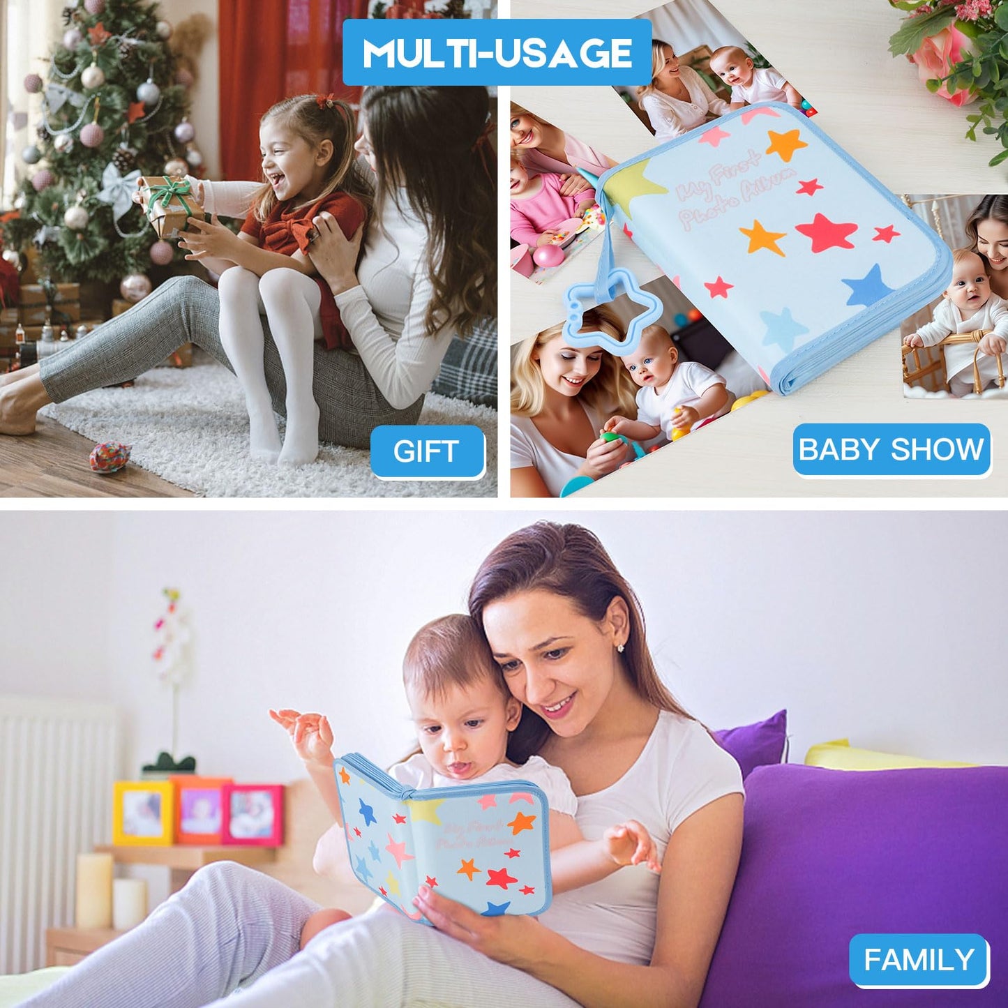 Baby's My First Photo Album for Baby Holds 21 4x6 Photos, Baby Photo Album Soft Cloth Family Book, My First Family Album for 4x6 Baby Shower Kids Toddlers Family Pictures, Toddler Photo Album (Blue)