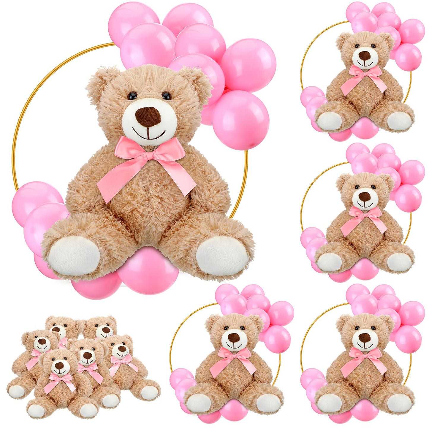 6 Sets Bear Baby Shower Table Centerpieces Bear Stuffed Animals 12 Inch Metal Floral Hoop with Stand Balloon for Wedding Baby Shower Birthday Flowers Table Decorations(Brown)
