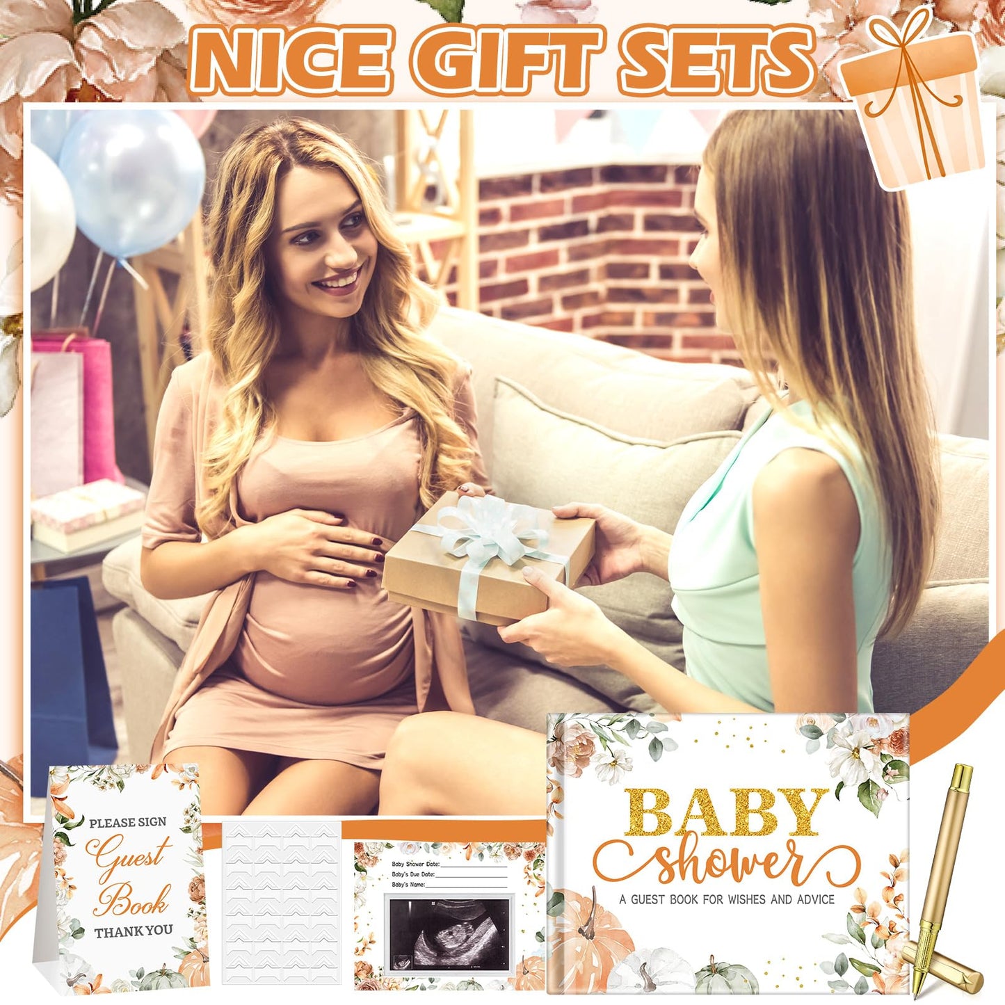 27 Pcs Butterfly Floral Baby Shower Guest Book Set Baby Shower Sign in Guest Floral Book Place Table Cards with Gold Pen Adhesive Photo Corner for Birthday Party