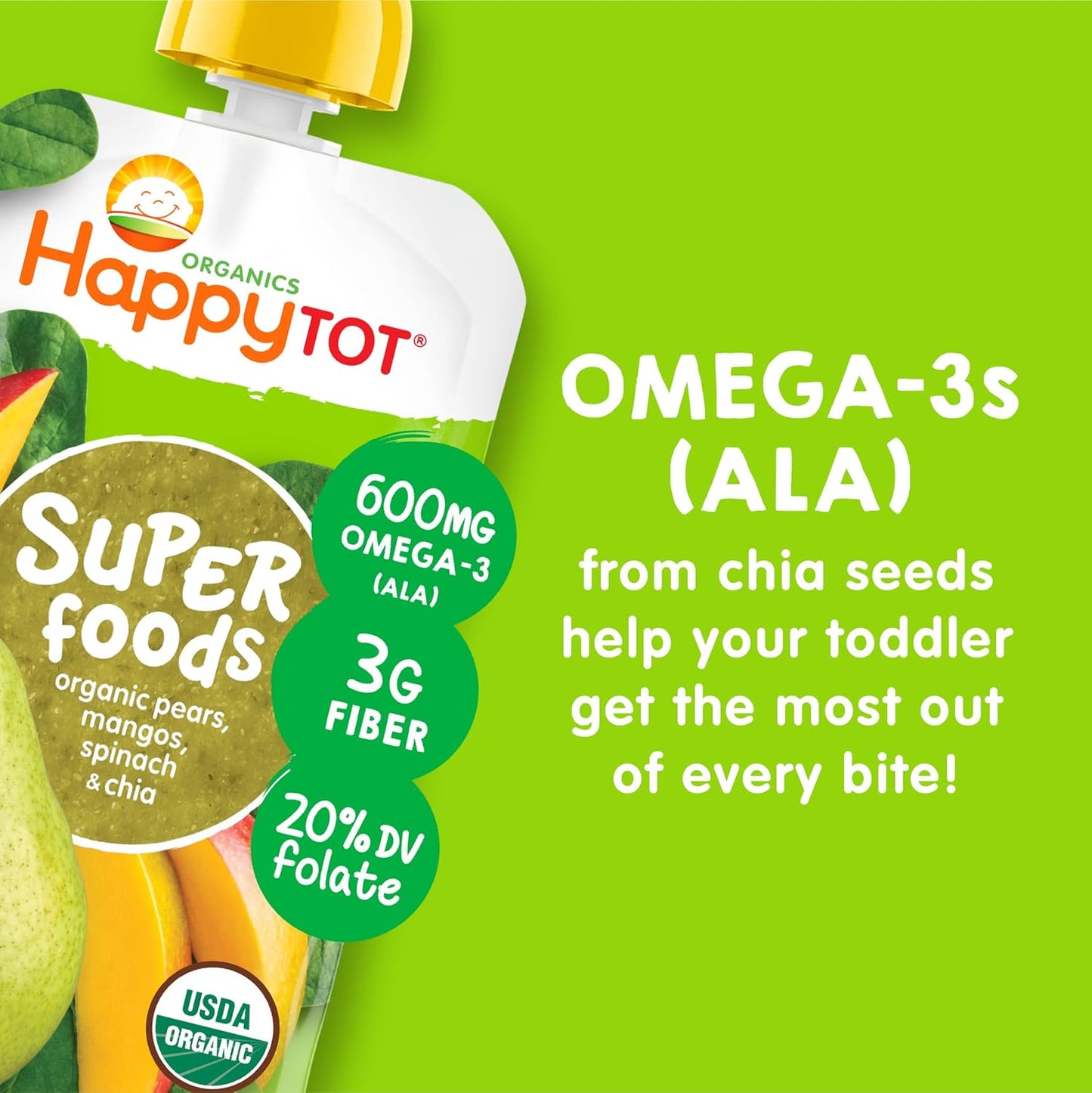 Happy Tot Organics Stage 4 Baby Food Pouches, Gluten Free, Vegan Snack, SuperFoods Fruit & Veggie Puree, Pears, Mango, Spinach & Chia, 4.22 Ounce (Pack of 1)