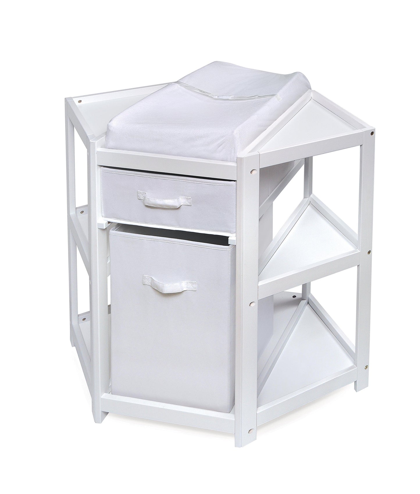 Badger Basket Diaper Corner Baby Changing Table – Space-Saving White Nursery Station with Hamper, Basket & Changing Pad