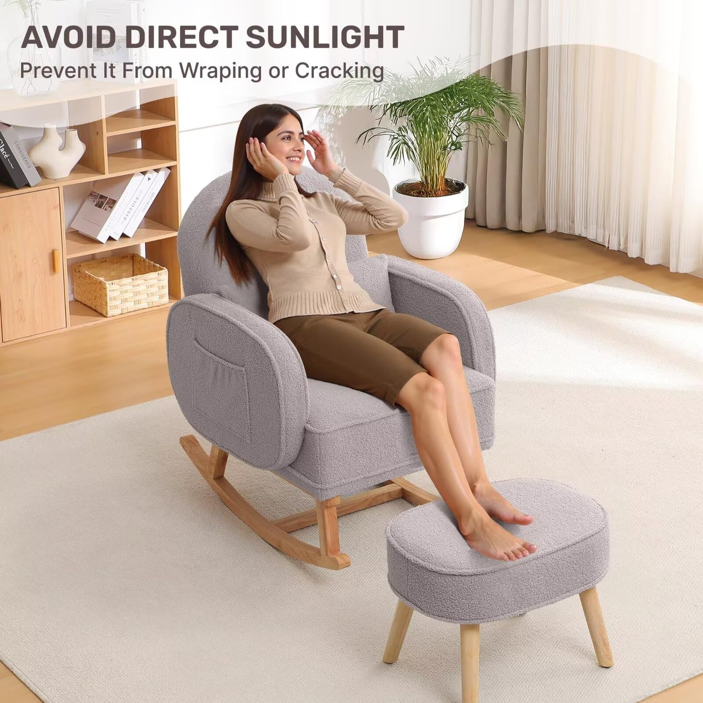 Rocking Chair with Ottoman, Upholstered Glider Rocker with High Backrest and Side Pocket, Rocking Accent Armchair with Solid Wood Legs for Nursery, Living Room, Bedroom Green