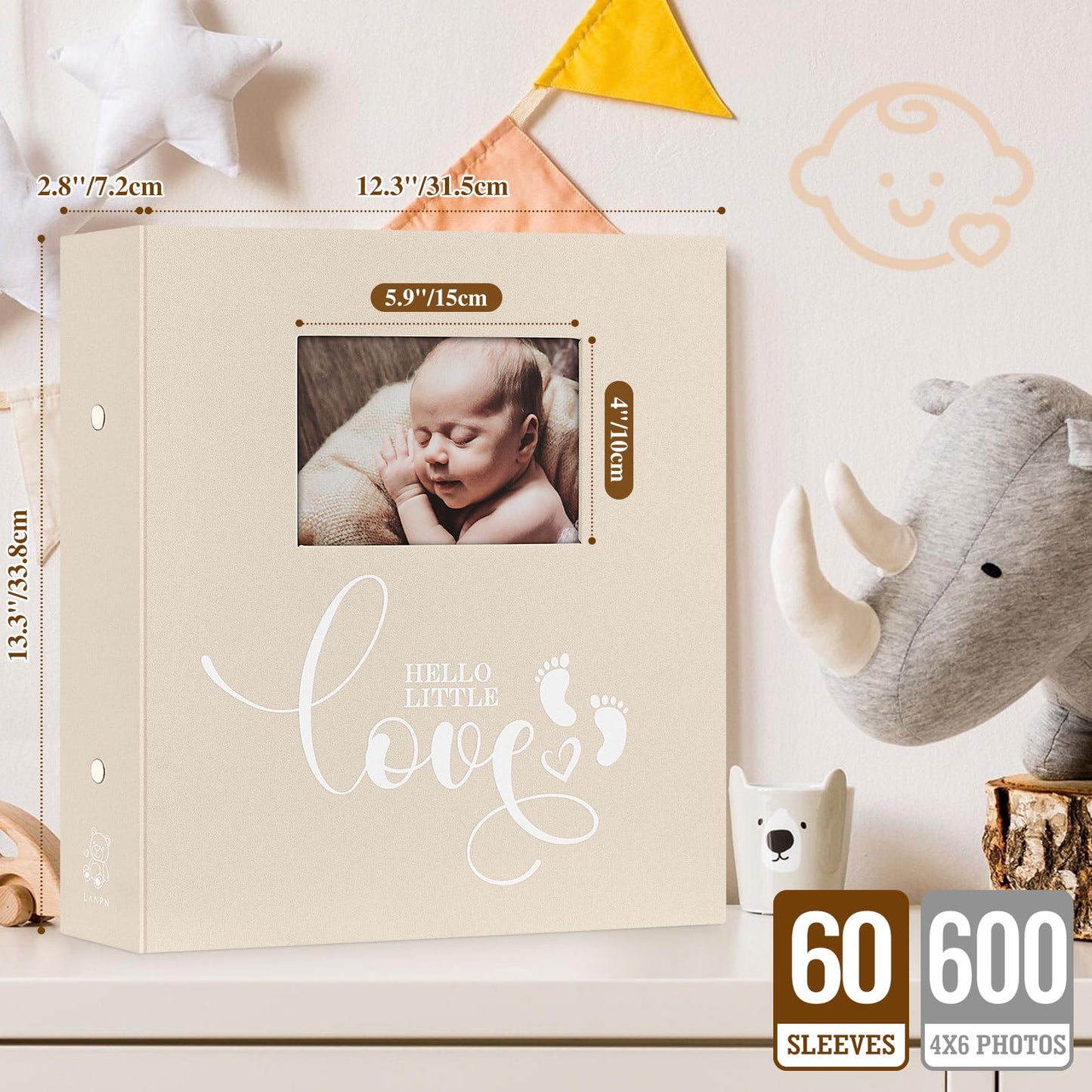 Lanpn Baby Photo Album 4x6 600 Pockets, Linen cover Newborn Bebe Memory Book Photobook Holds 600 Horizontal and Vertical Pictures, Picture Album with Front Window Gift for Boy Girl Baby Shower Pink