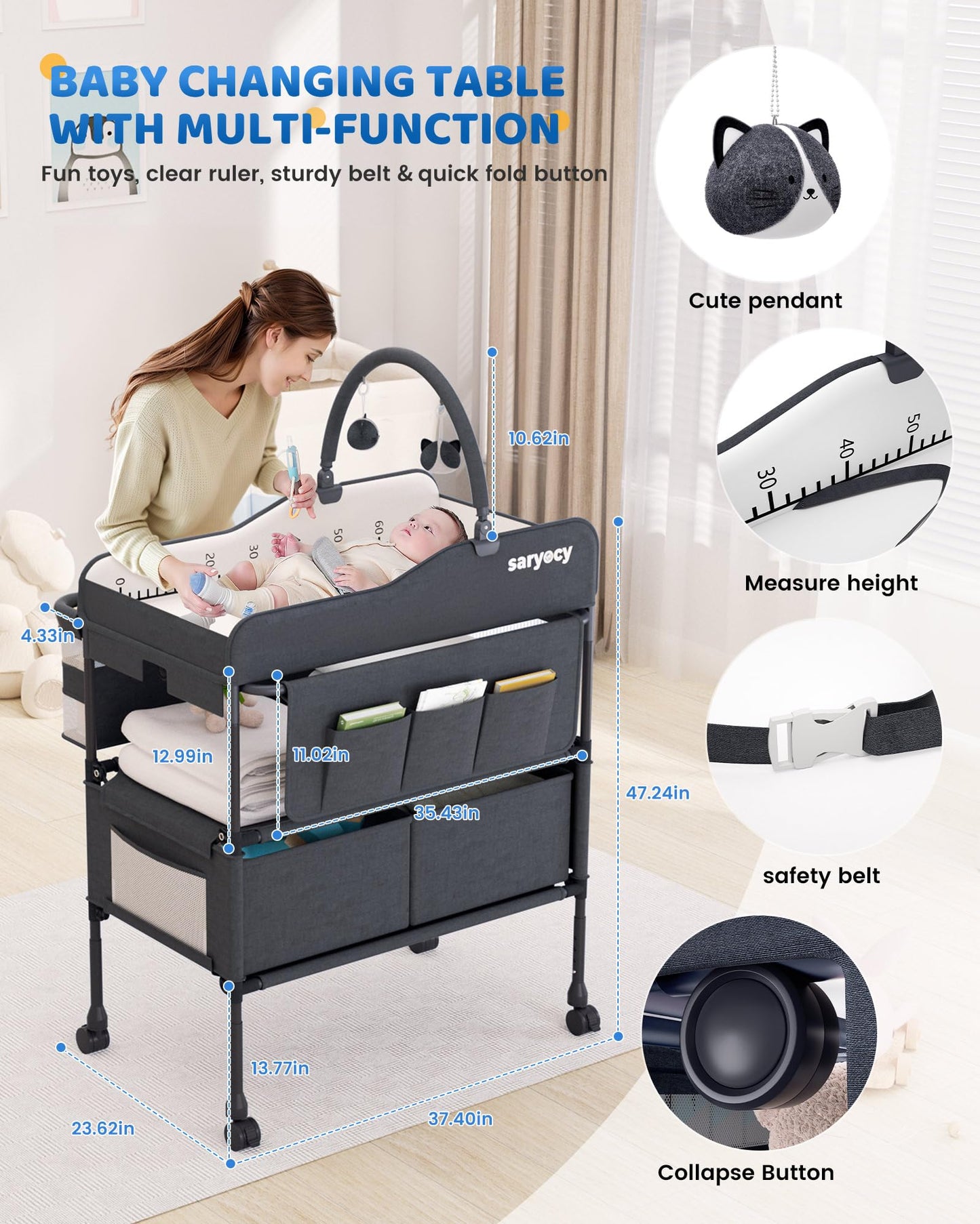Baby Changing Table, Versatile Folding Changing Table, Waterproof Diaper Changing Station, Adjustable Height with 2 Drawers,Baby Changing Station, Mobile Nursery for Infant and Newborn
