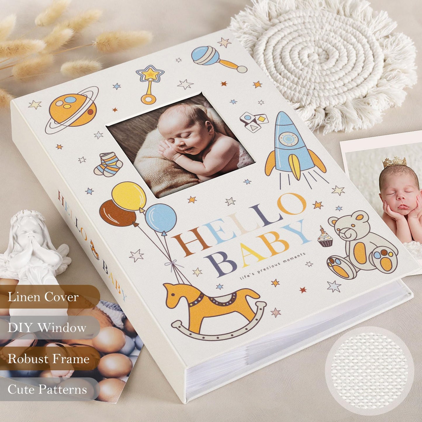 Lanpn Baby Photo Album 4x6 300 Pockets, Linen Newborn Bebe Ultrasound Photo Album with Memo Writing Area, Cover Photo Book, Picture Album for kids, Baby Girl Boy Memory Book Keepsake Colorful