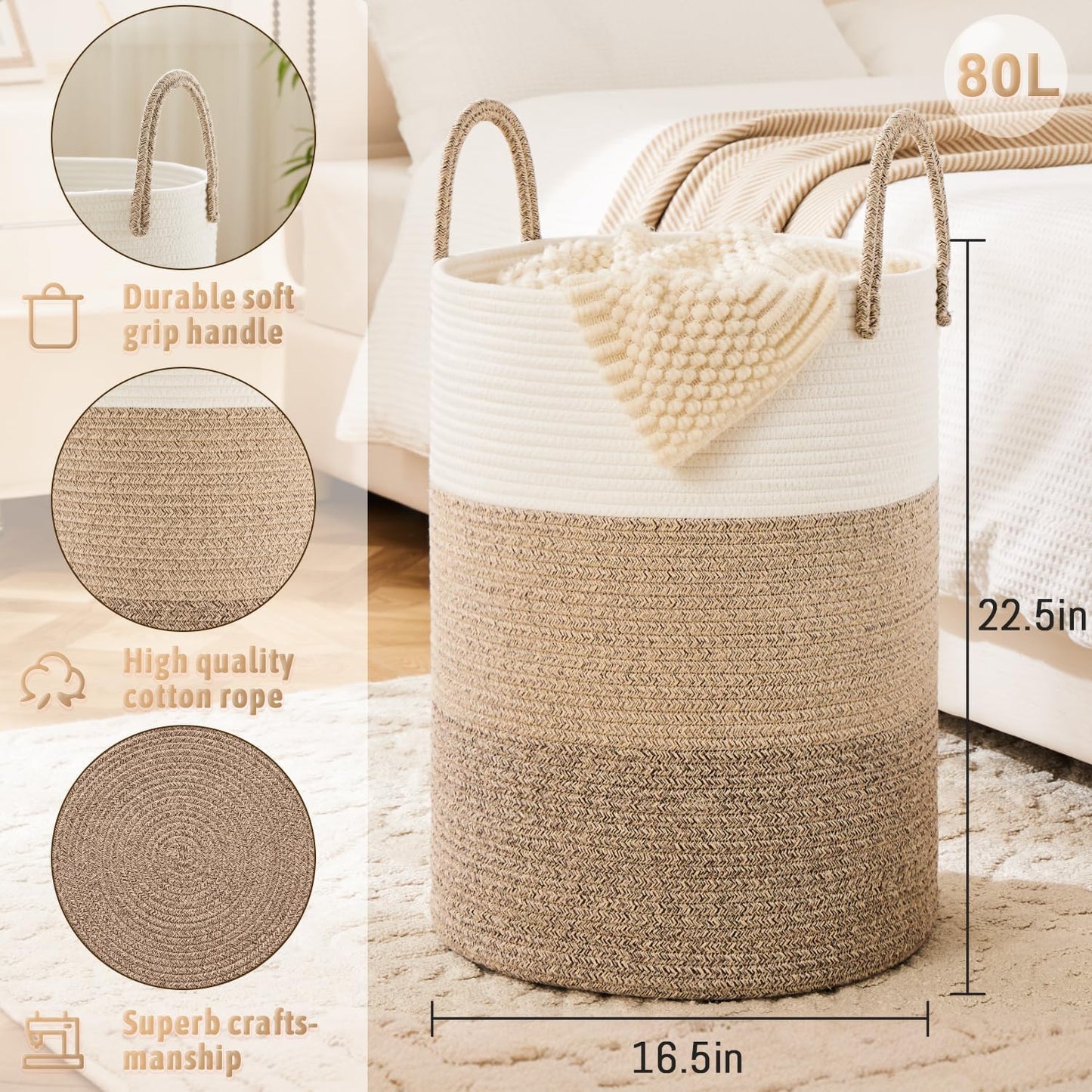Laundry Basket,Woven Cotton Rope Laundry Hamper,60L for Decor Storage of Dirty Clothes,Toys and Blankets in Bathroom,Baby Room and Living Room