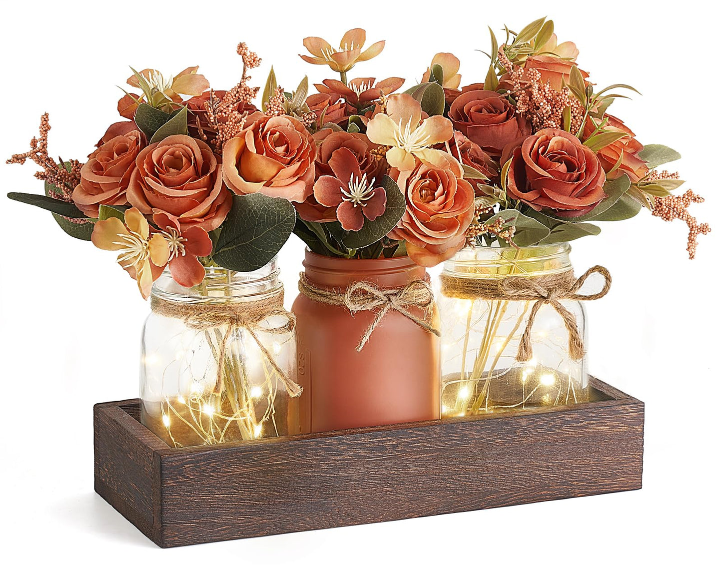 Mkono Mason Jar Lights Centerpiece Table Decor for Dining Room Farmhouse Wood Tray with 3 Jars Flowers Summer Decoration for Coffee Table Kitchen Living Room Wedding