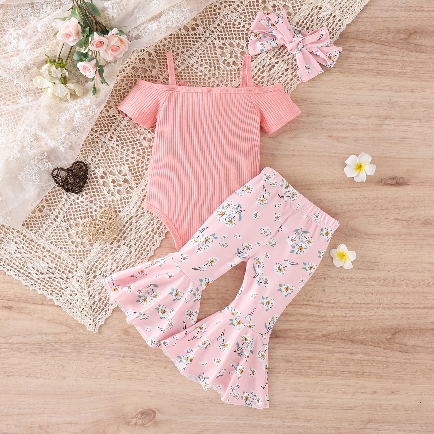 Fernvia Infant Baby Girl Clothes Suspenders Short Sleeve Ribbed Romper Flared Pants Set Headband 3pcs Summer Outfit